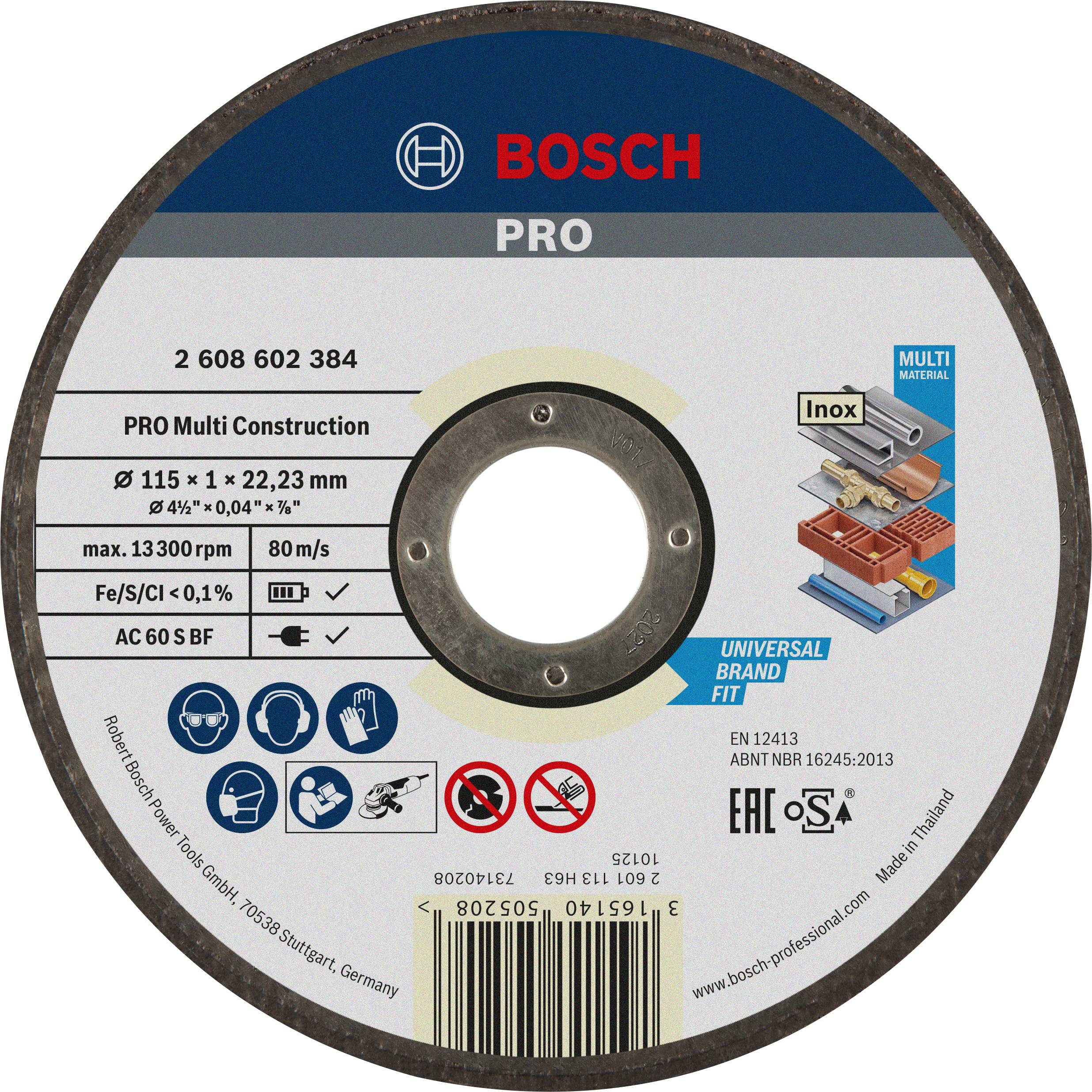 Bosch PRO grinding disc for Multi Construction, 115 mm diameter, maximum speed 13,300 rpm, suitable for metal and stainless steel.
