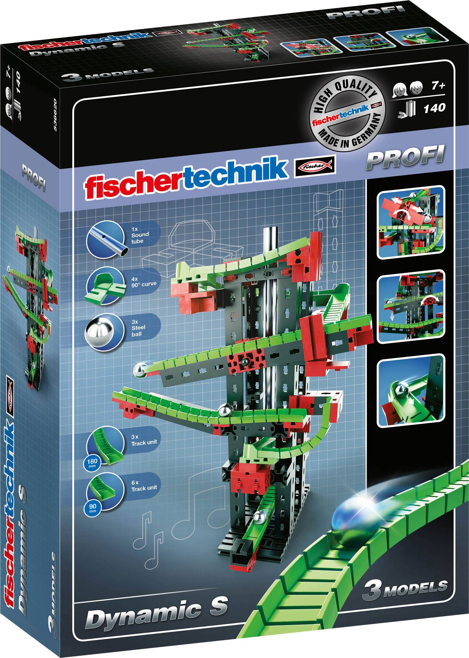 Construction Kit 'fischertechnik Dynamic S' demonstrates models of a marble run with a loop and curves. Contains parts to build three models. Suitable for ages 7 and up.