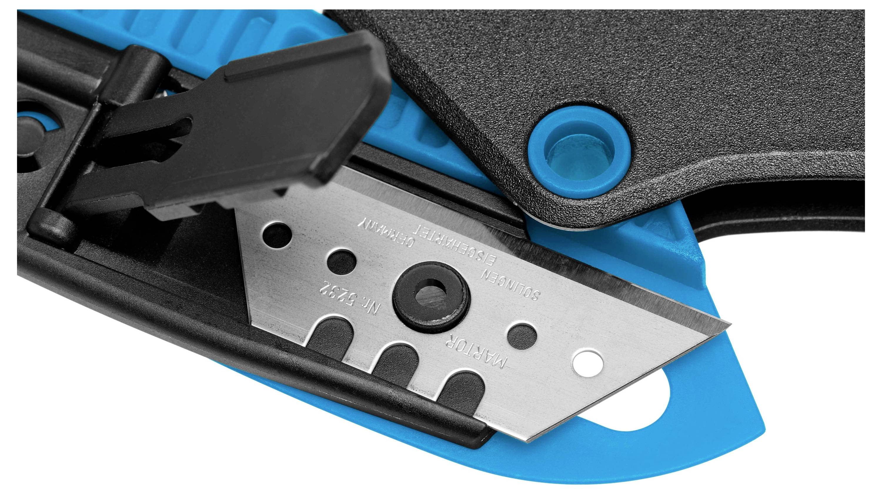 Close-up of a blue utility knife with a retractable blade, black protective cover, and a button for blade replacement.