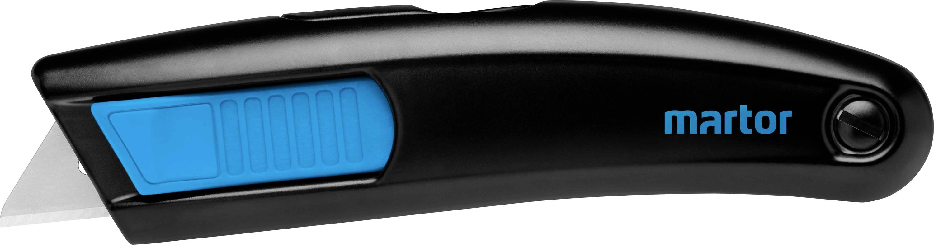 A black safety knife with a blue thumb rest and integrated blade by the brand 'Martor'.