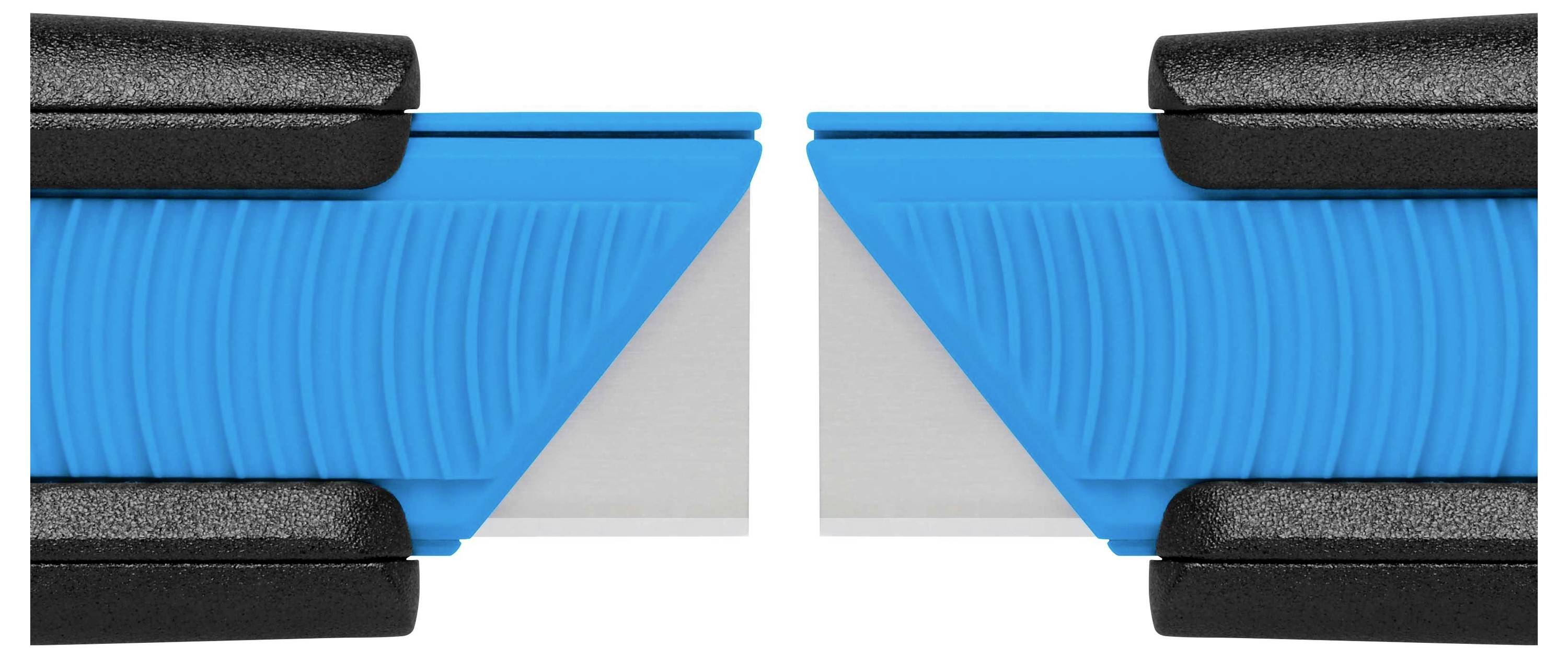 Two blue cutter knives, their tips facing each other. The blades reflect the design through a diagonal arrangement.