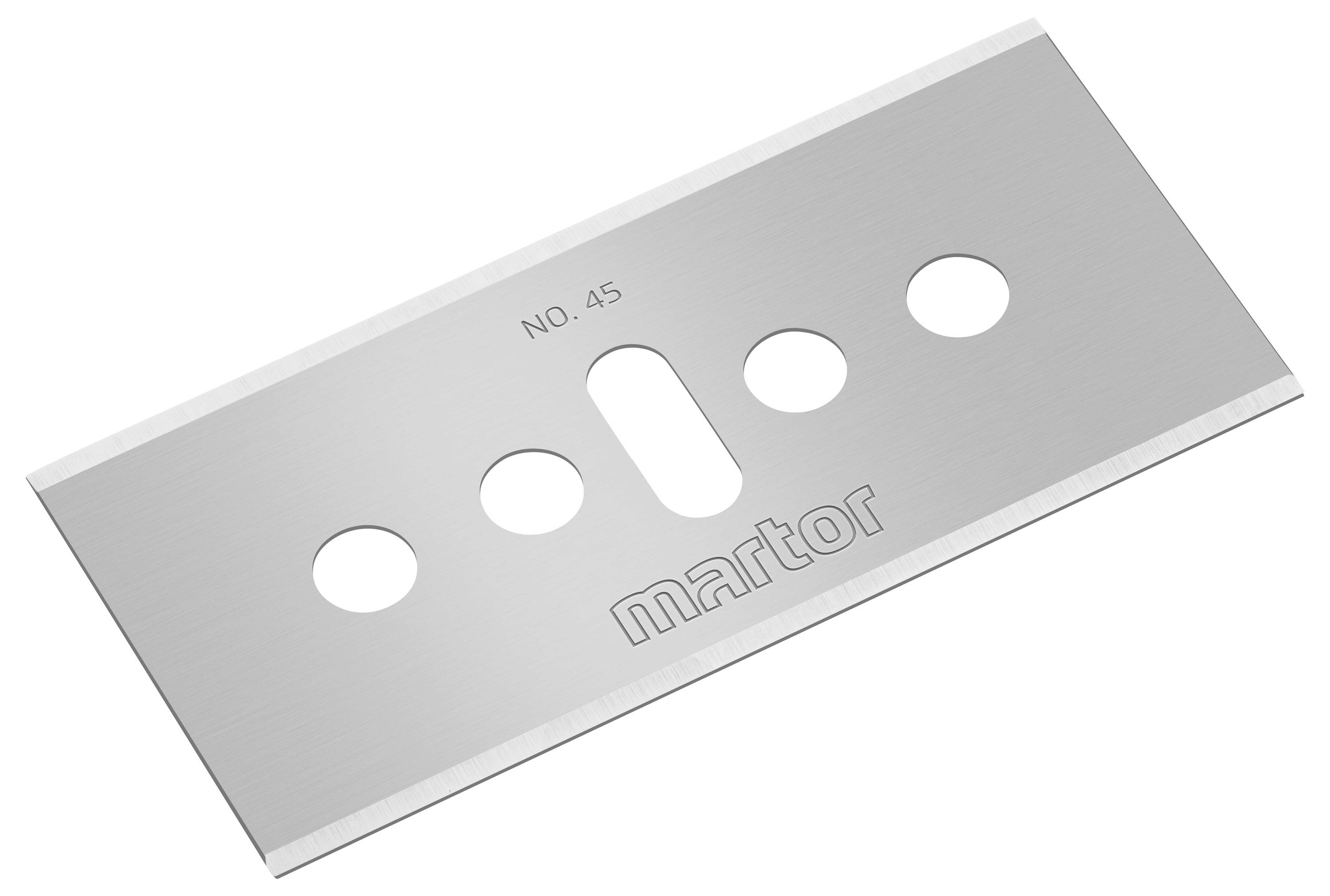 A rectangular razor blade replacement blade with four round holes and a central slit. Inscription: 'NO. 45 martor'.
