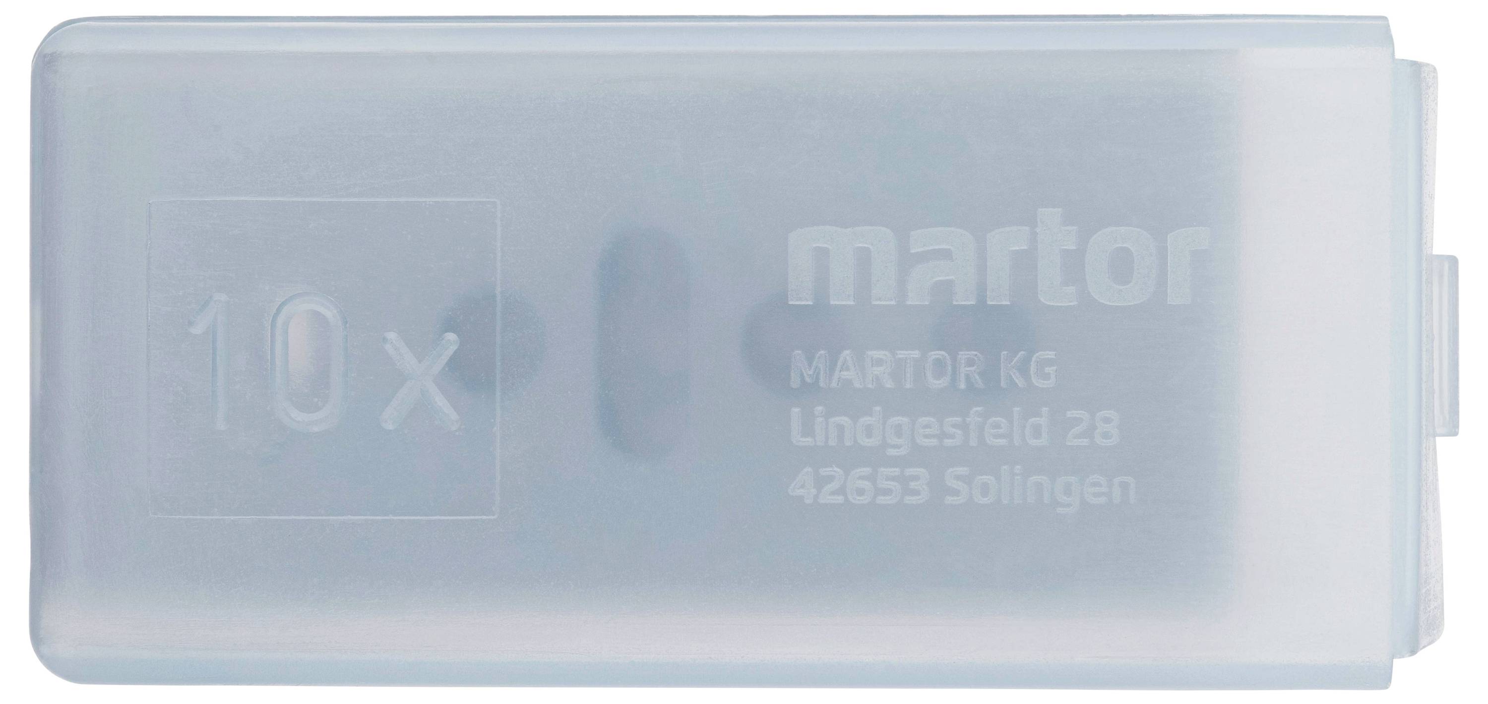 Transparent plastic box with 'martor' printed on it, contains 10 blades. Address 'MARTOR KG, Lindgesfeld 28, 42653 Solingen'.