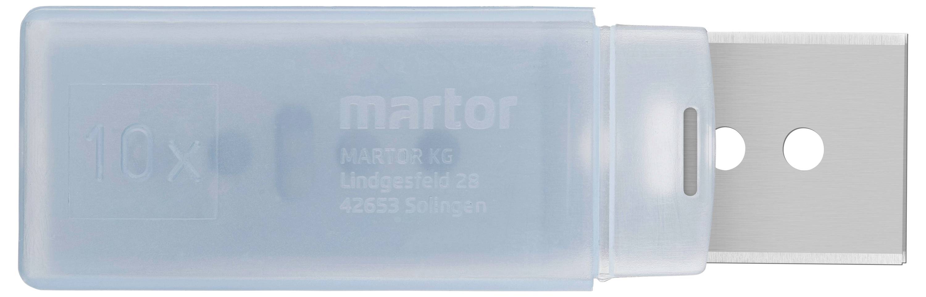 A safety knife with a blue plastic handle and two visible metal blades in a sealable protective sheath.