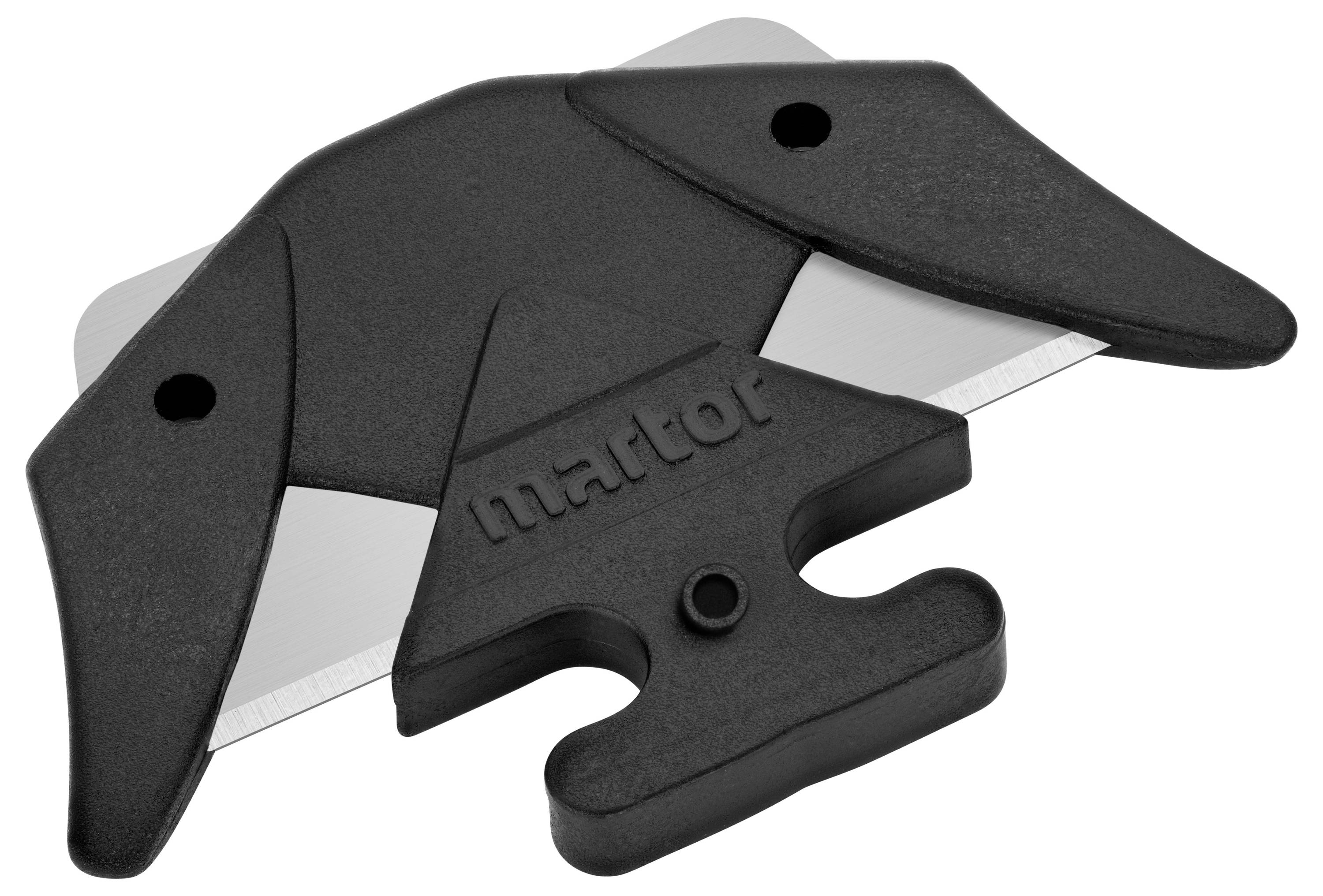Small, black safety cutting tool with a covered blade and ergonomic design, ideal for safely cutting packaging.