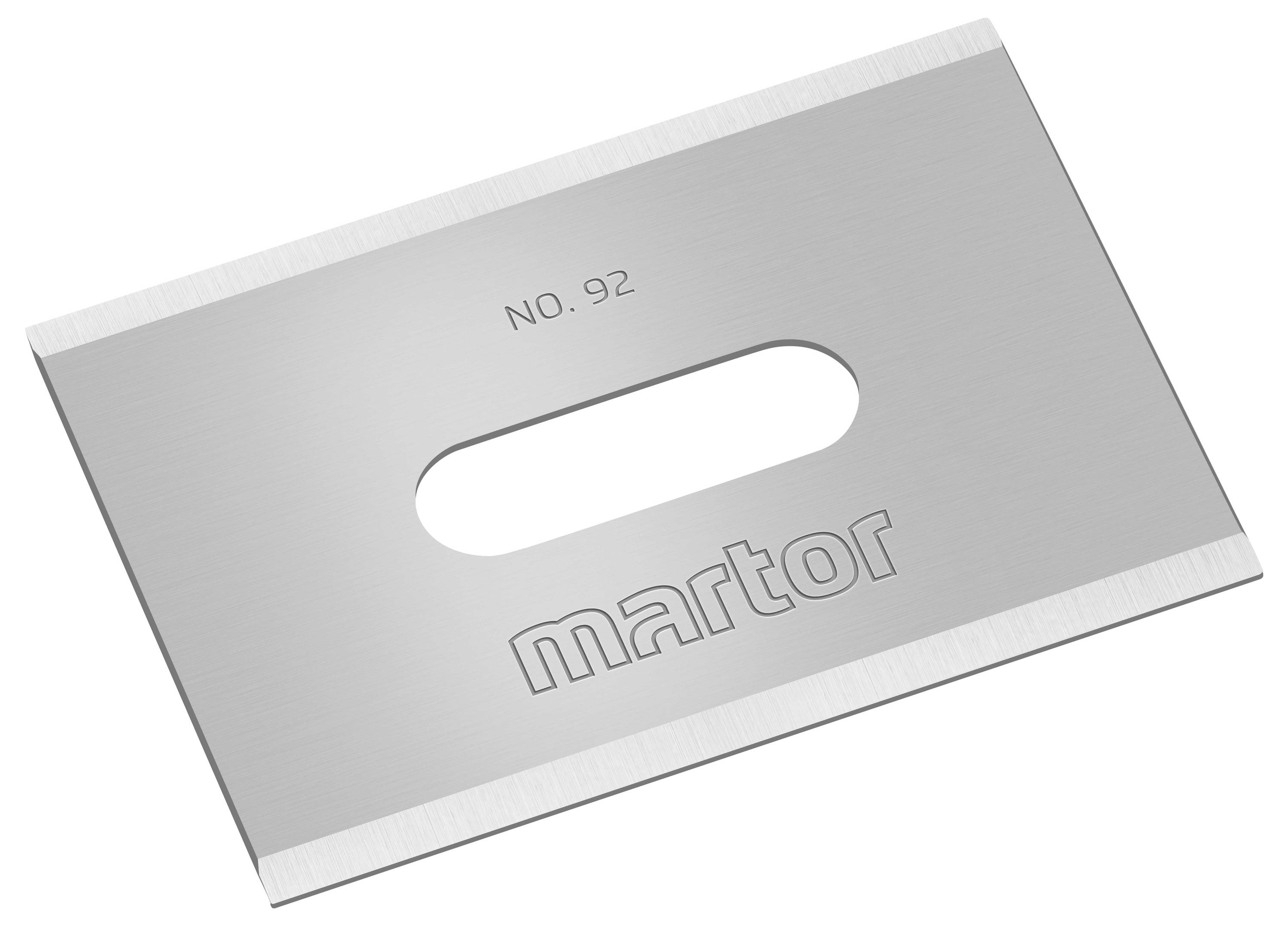 A silver replacement blade with a rectangular shape, a central mounting hole, and the inscription 'No. 92' and 'martor'.