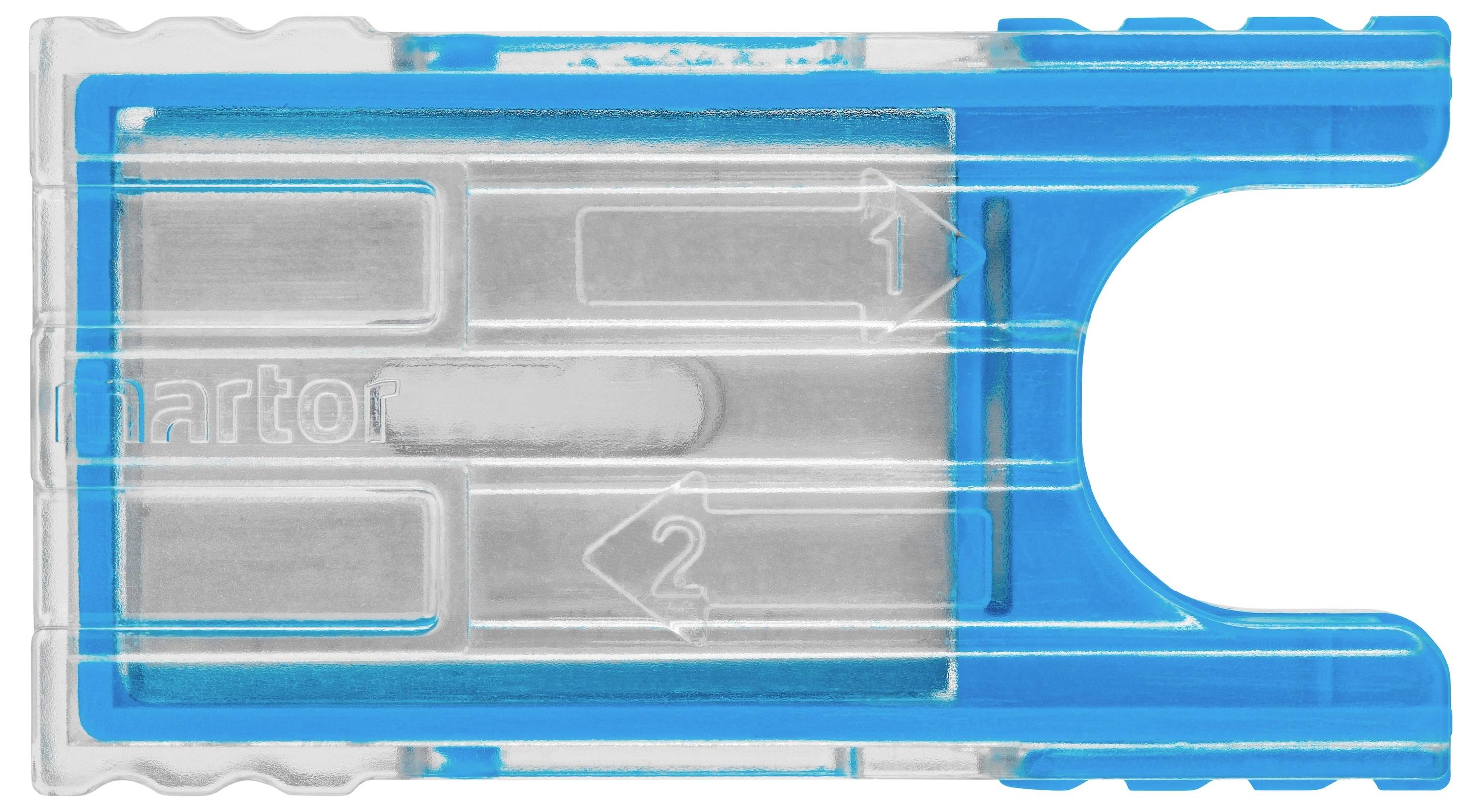A blue, translucent plastic tool marked with numbers and arrows. It looks like a card slot or guide rail.
