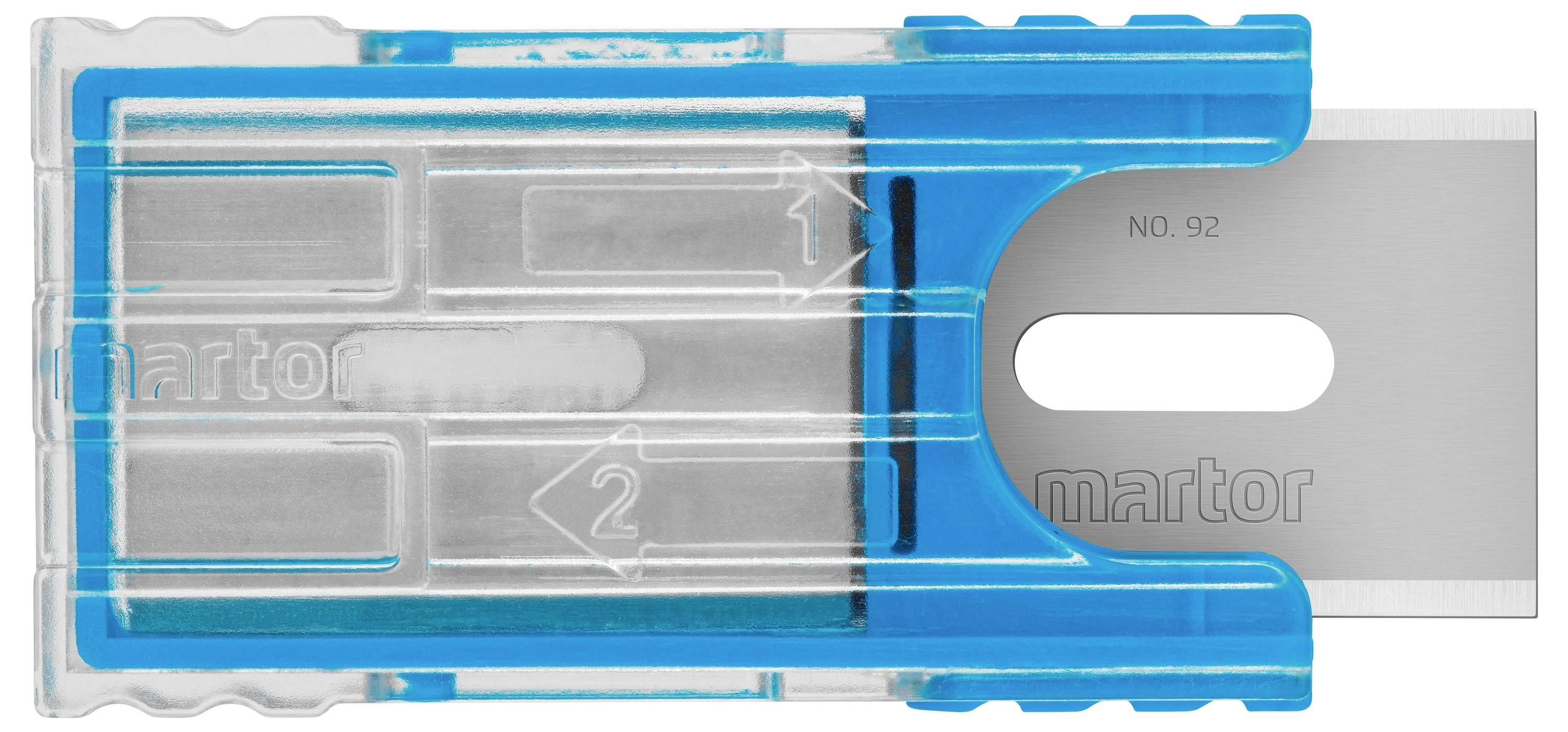 A safety knife with a blue handle and visible silver blade section, marked with 'NO. 92'.