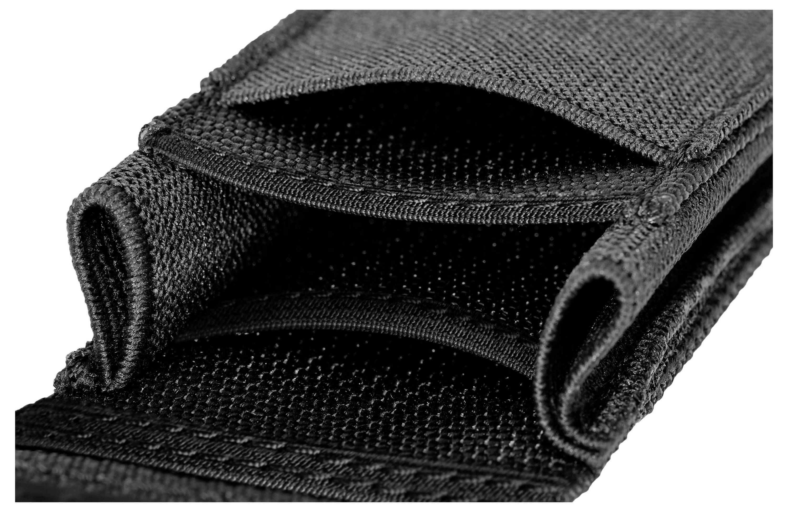 A black, structured case with multiple compartments or pockets. It appears to be made from a durable fabric and is designed for storage purposes.