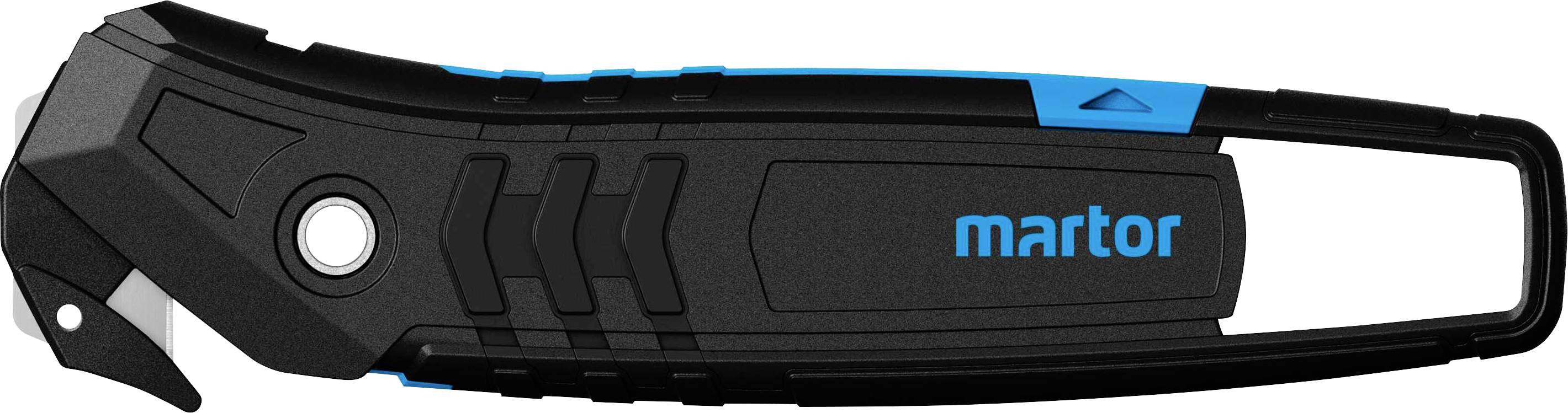 Black safety knife with blue handle, rounded tip, and 'martor' logo. Suitable for safely cutting materials.