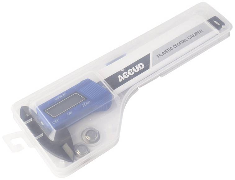 A blue digital calliper made of plastic with 'ACEHUD' inscription in a transparent case, including two batteries.