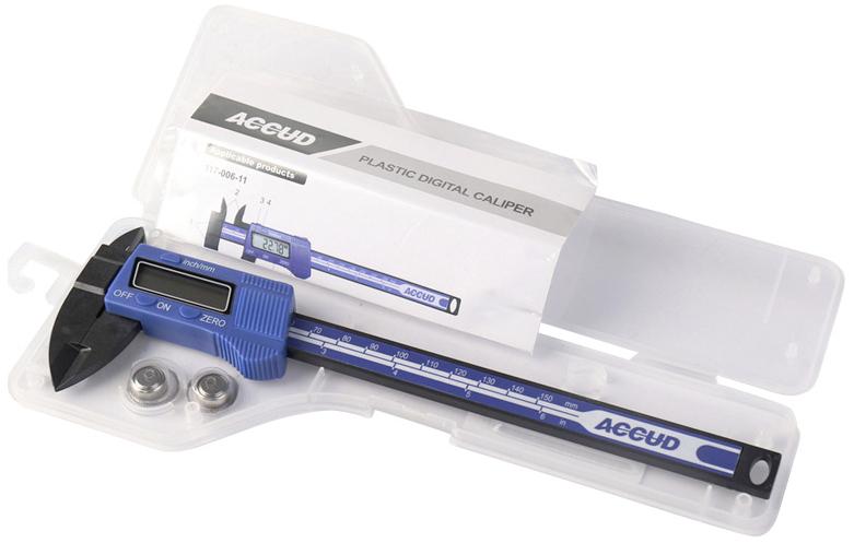 Blue digital vernier calliper with packaging and spare batteries. Packaging shows an image of the calliper and bears the print 'Accud'.