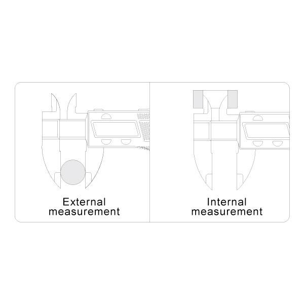 The diagram shows two technical sketches of a vernier caliper: on the left for external measurement and on the right for internal measurement.