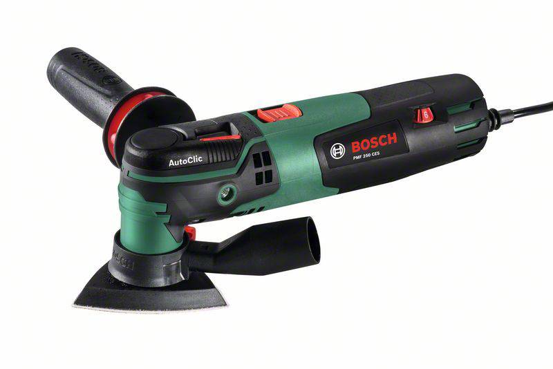 A Bosch multi-sander with a green and black casing, side handle, and delta stone sanding plate, set against a white background.