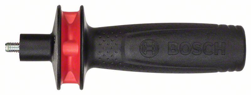 Black and red side handle with Bosch logo, suitable for electric tools, provides additional grip and control.