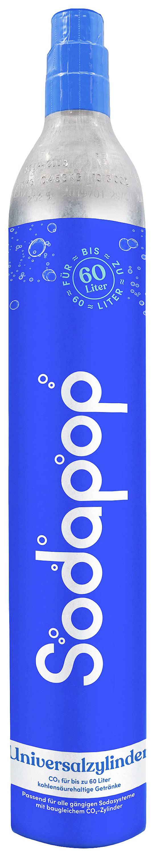 Refillable blue cylinder for sparkling water makers, labelled with 'Sodapop'. Suitable for up to 60 litres of water.