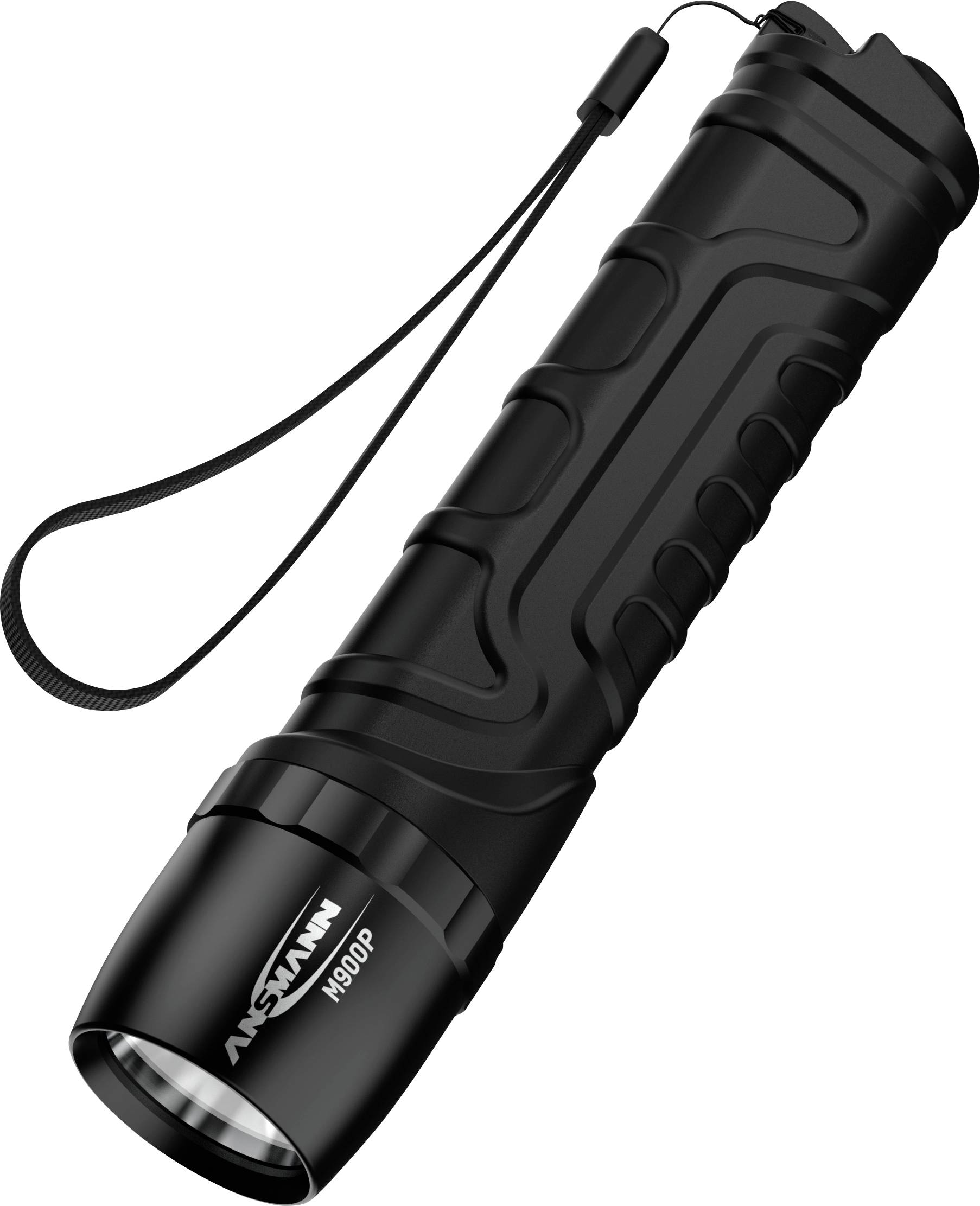 Black torch with textured surface and hand strap. 'ANSMANN' brand name and 'H800P' model number printed.