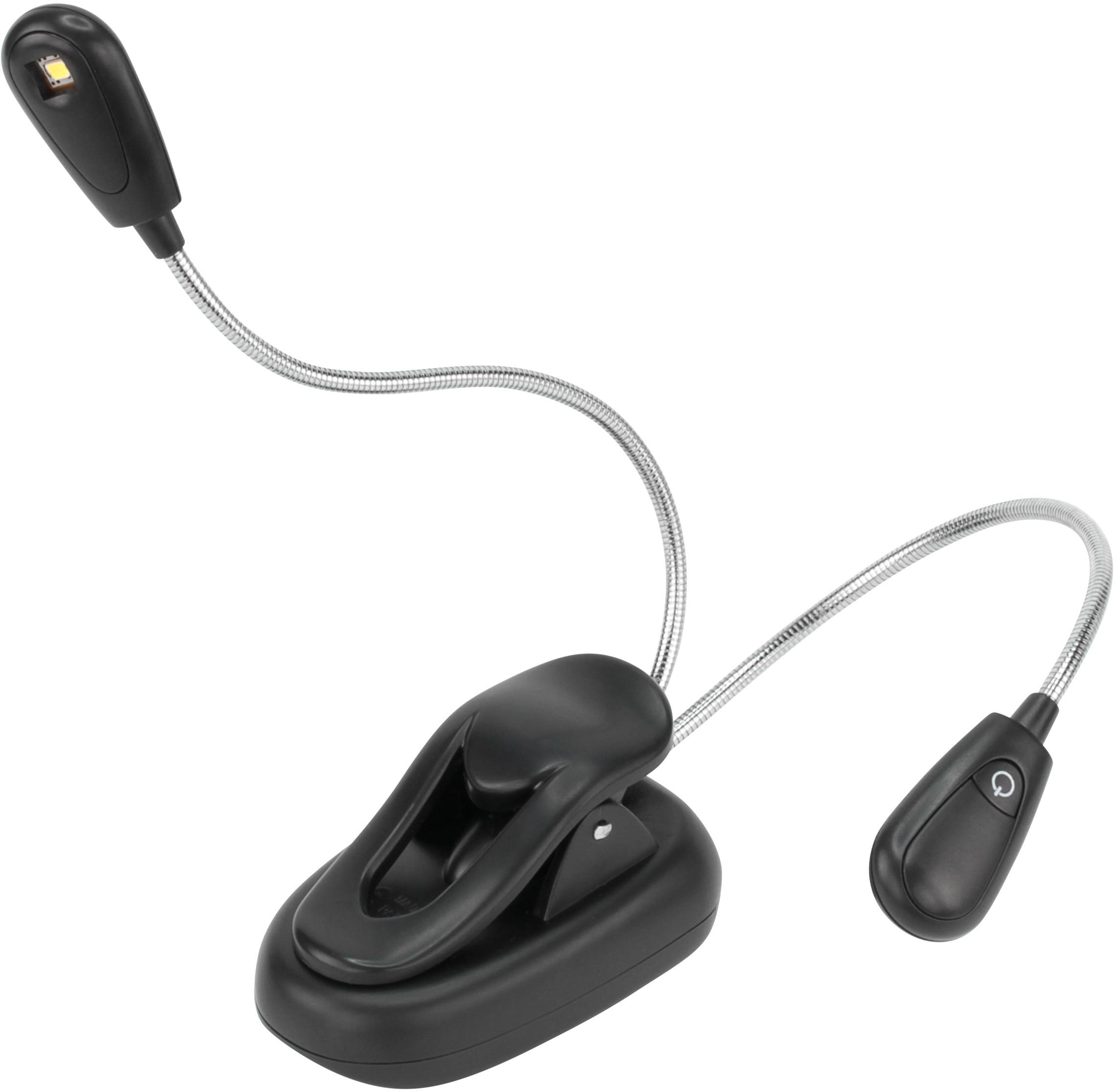 Black LED reading lamp with two flexible arms and clip base. Ideal for attaching to books or other reading materials.