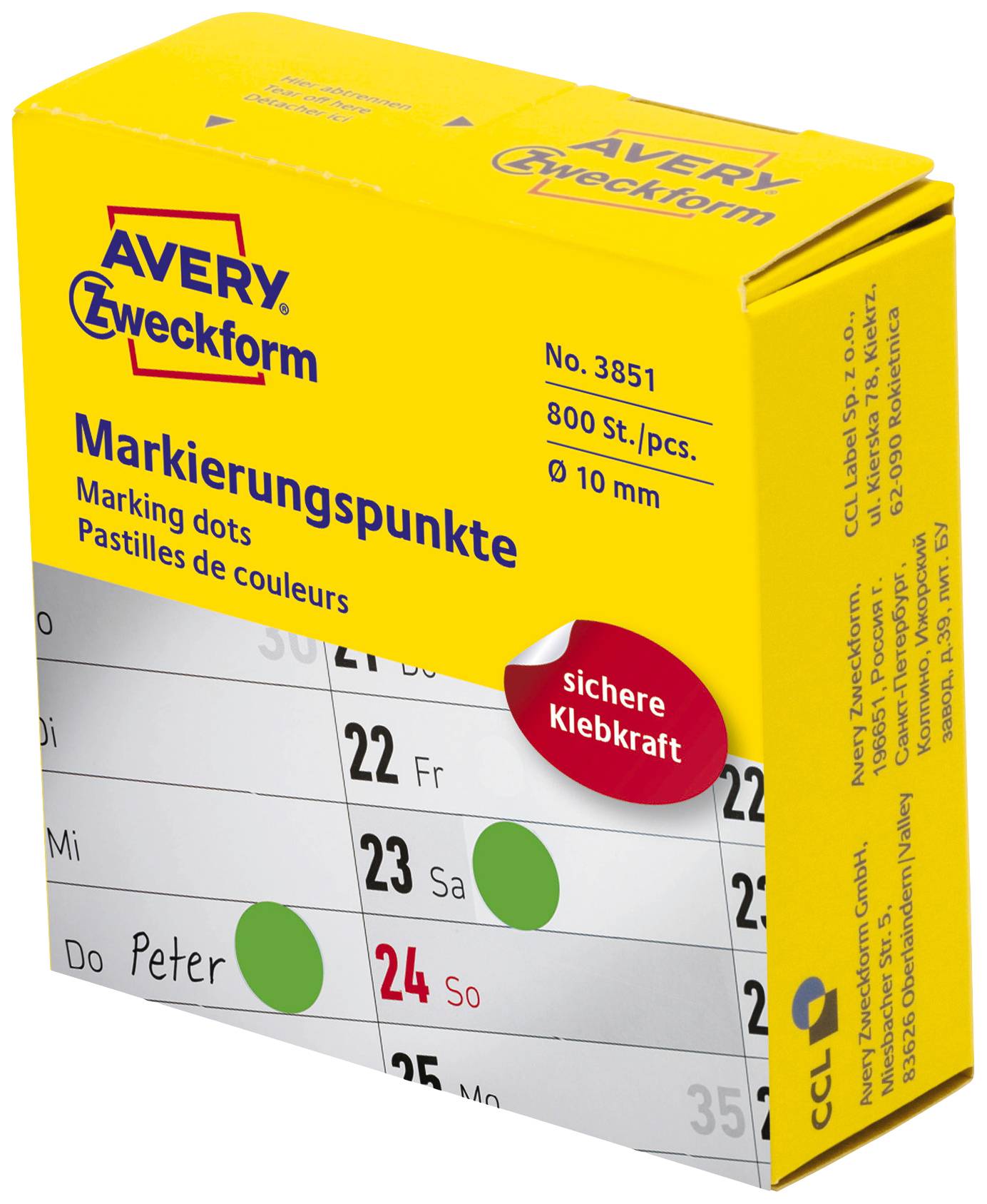 Yellow packaging of 'AVERY Zweckform' marking dots, Article No. 3851, 800 pieces, 10 mm diameter, with text 'secure adhesive strength'.