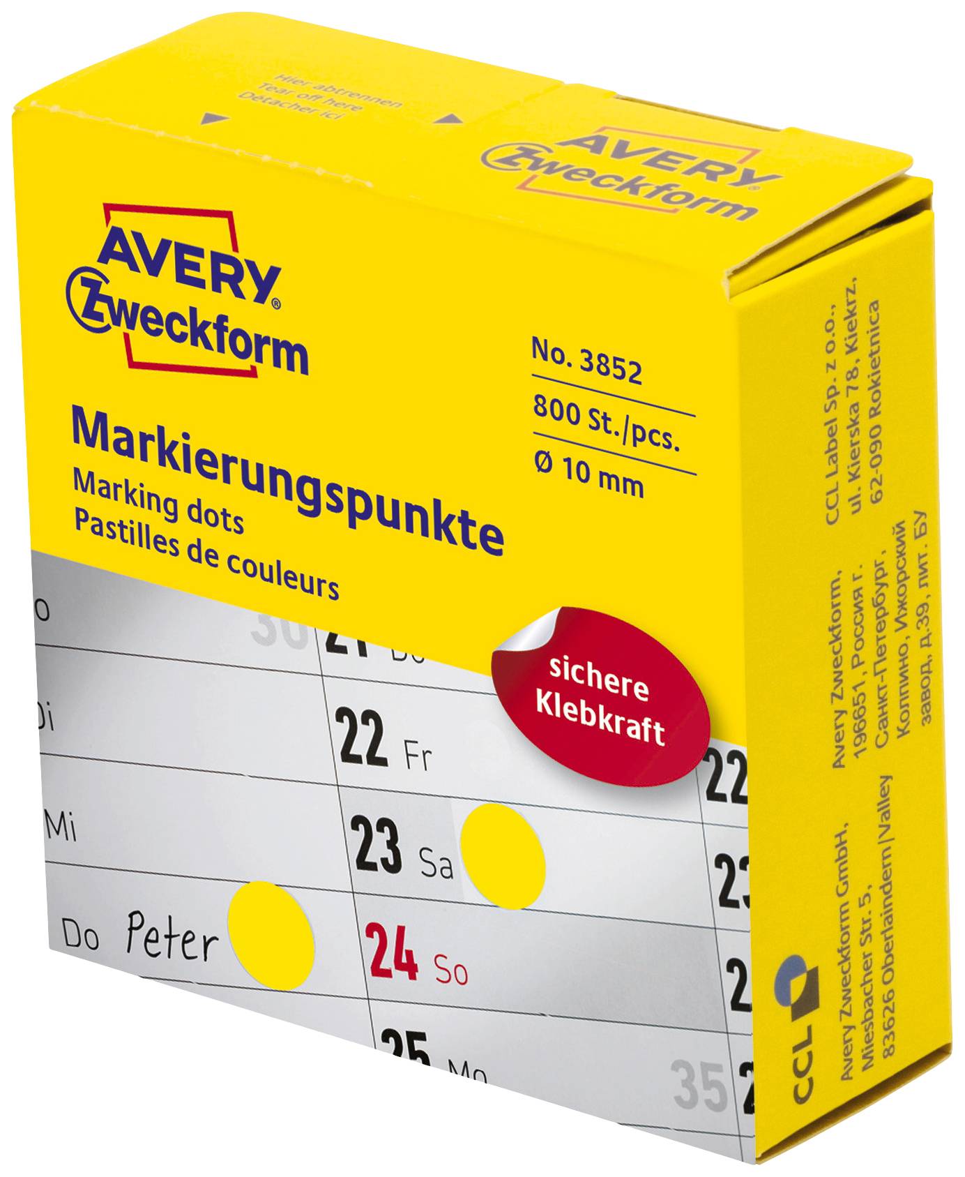 Yellow marking dots, 800 pieces, 10 mm diameter, secure adhesive strength. Packaging by Avery Zweckform.