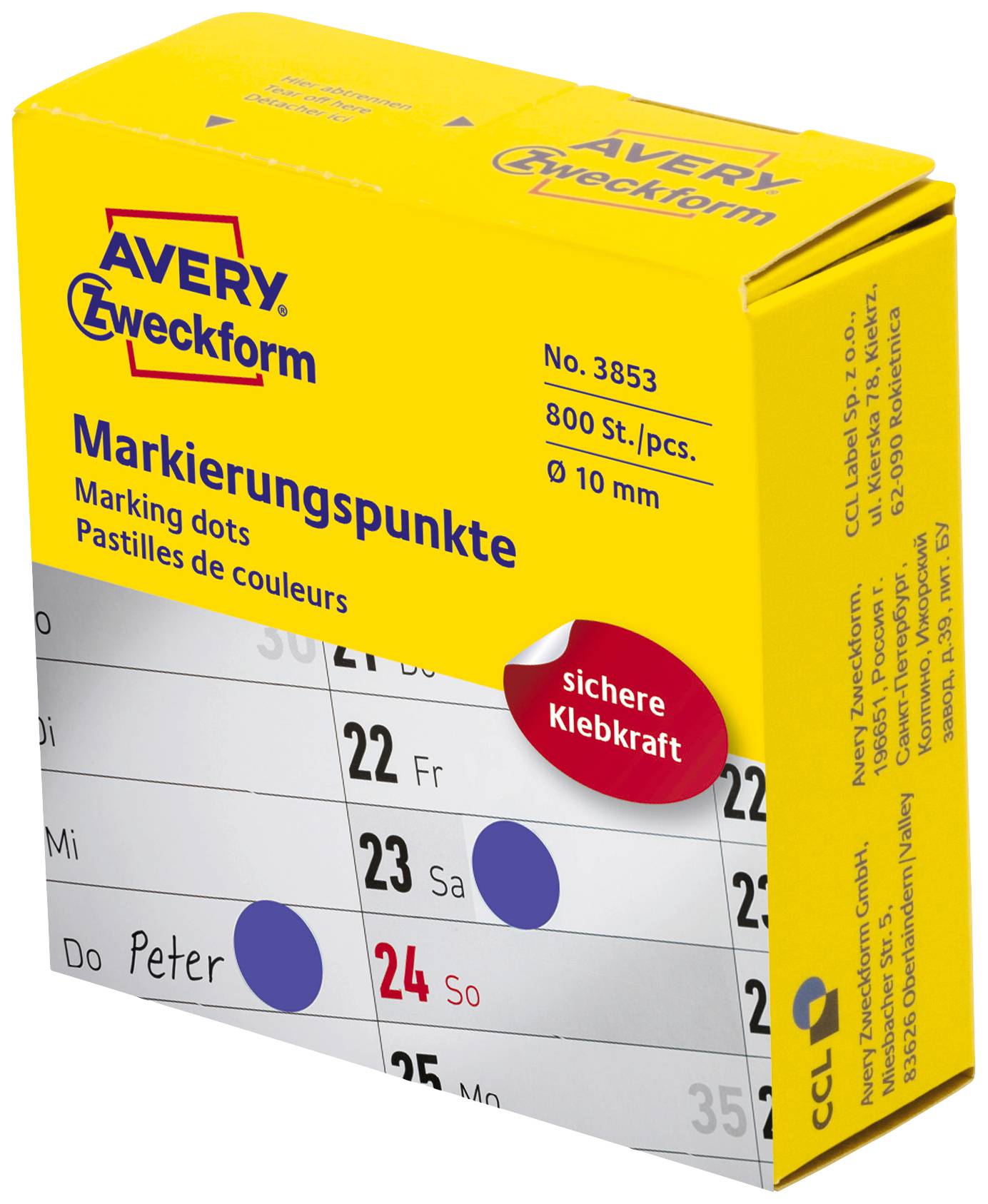 Pack of Avery Zweckform marking dots, 800 pieces, 10 mm diameter, with strong adhesive. Yellow with red circle.