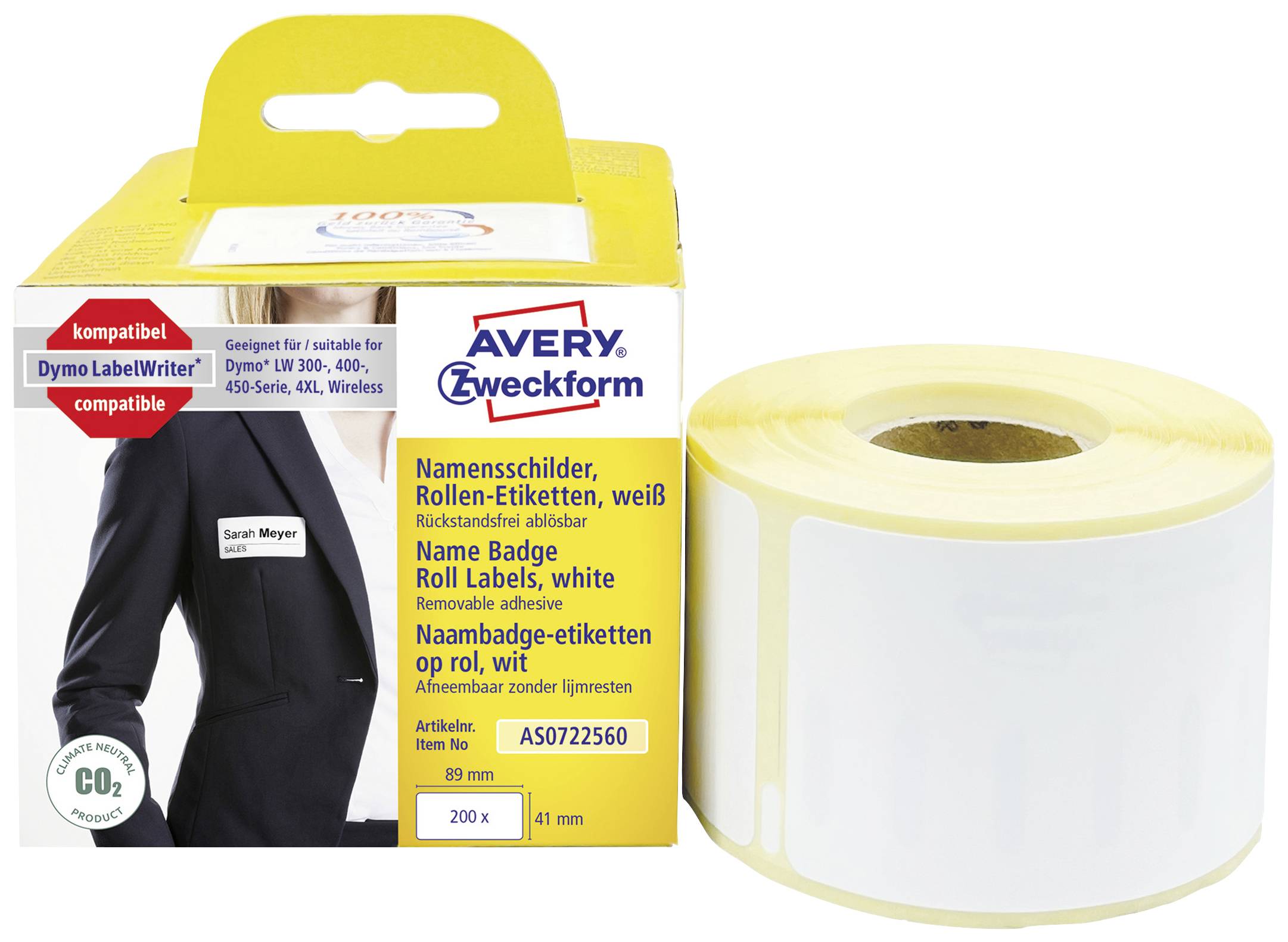 Avery-Zweckform Label roll Compatible replaced DYMO 11356, S0722560 41 x 89 mm Film White 200 pc(s) Removable Name stickers