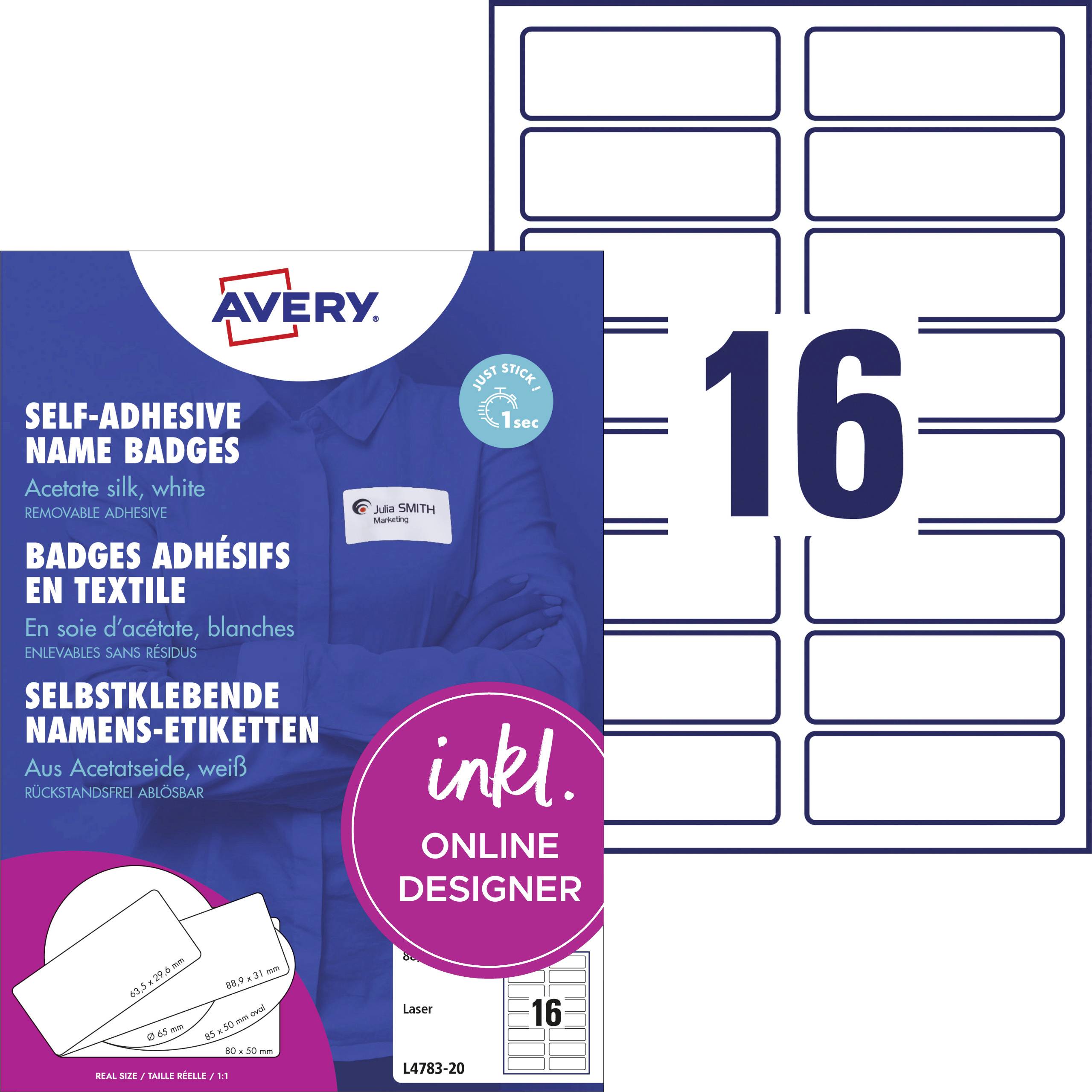 Avery self-adhesive name labels, white, 88.9 x 46.6 mm, suitable for textiles. 20 sheets with 16 labels per sheet.