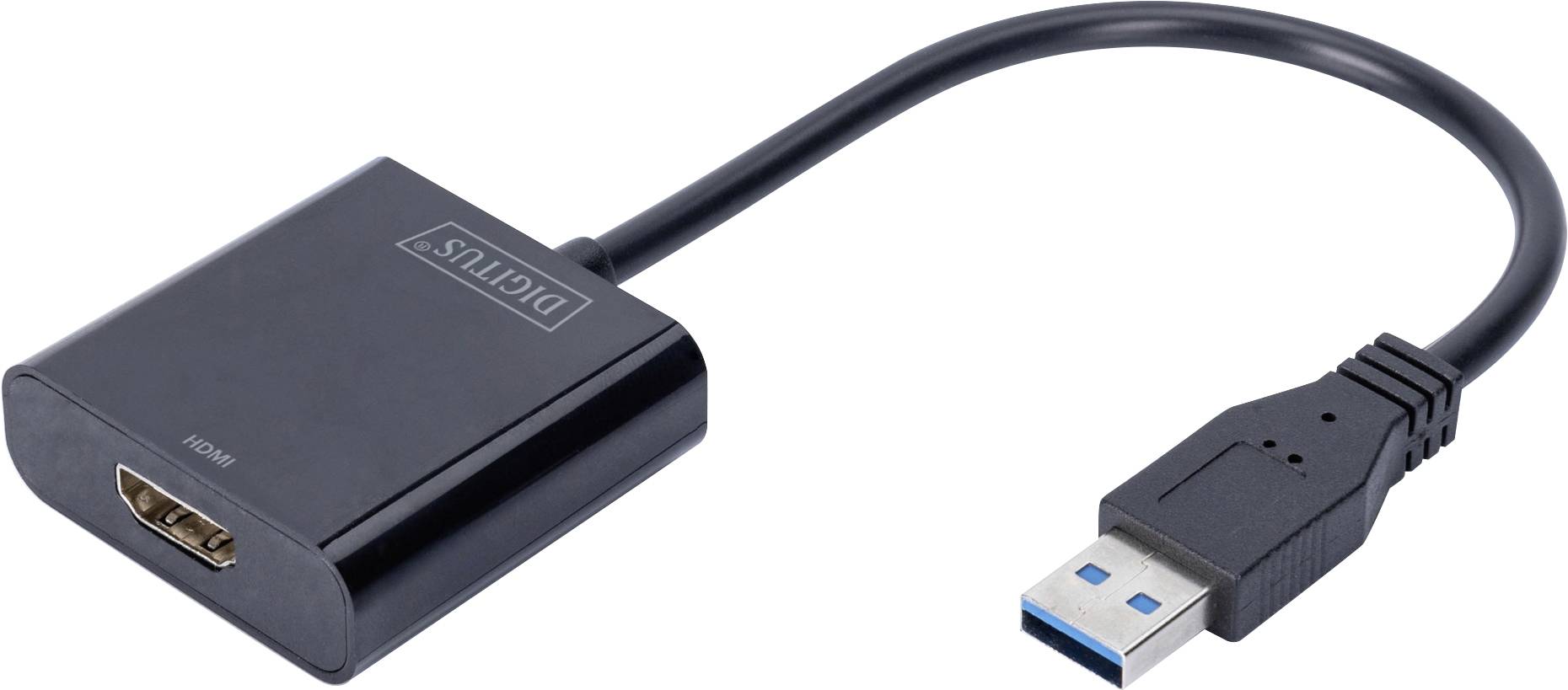 USB to HDMI adapter cable, black. Left side HDMI port, right side USB plug. Converts USB signals to HDMI for monitors or televisions.