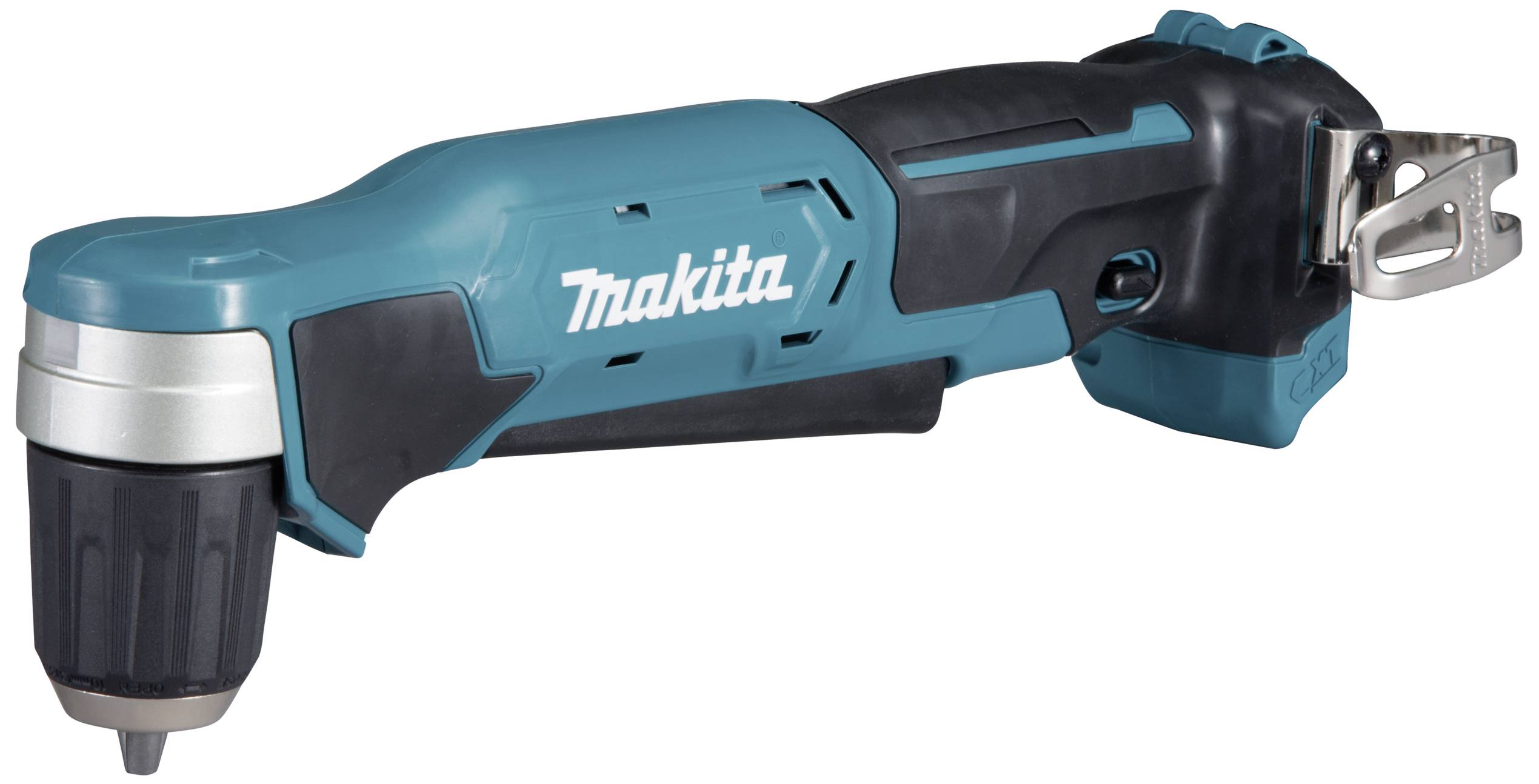 A navy-blue electric angle drill driver with a plastic casing and metal clip, with the brand logo visible on the side.