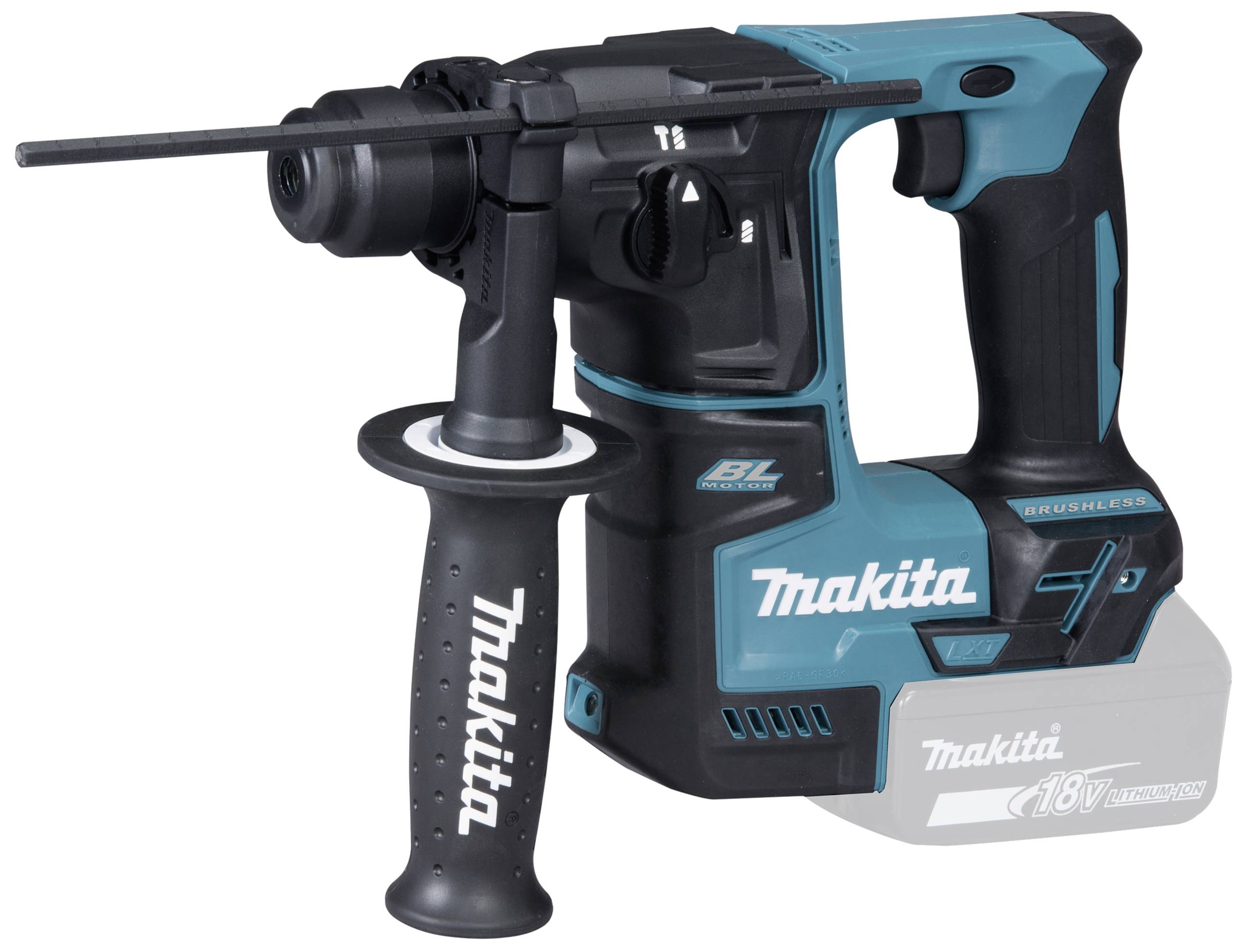 Cordless hammer drill with ergonomic handle and SDS-PLUS chuck, blue-black, brand clearly visible. Suitable for construction and renovation work.