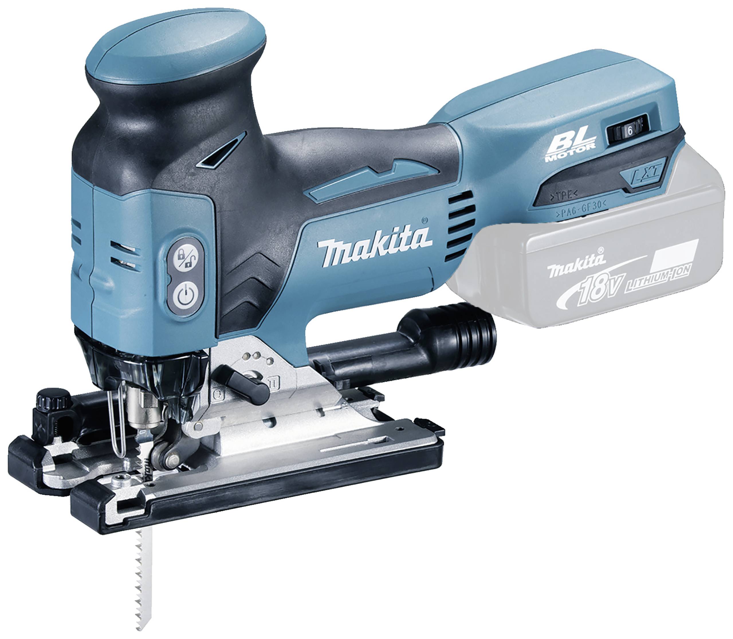 Battery-powered jigsaw by Makita with a blue and black casing and various adjustment buttons, ideal for wood cutting.