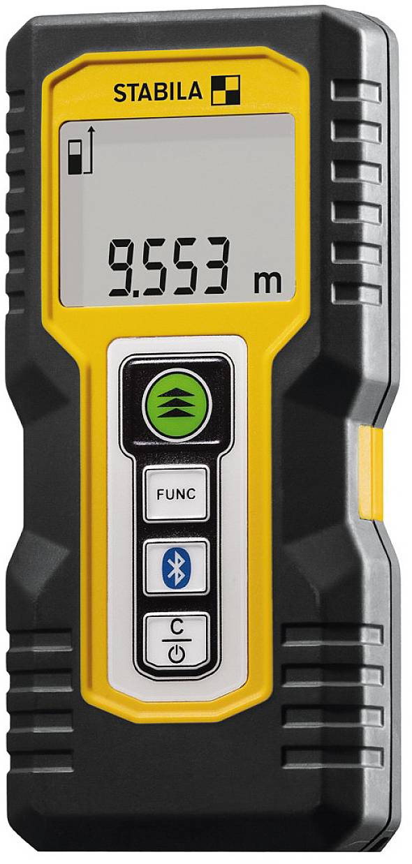 Handheld distance measuring device with digital display showing '9.553 m'. Control buttons underneath, housing in yellow and black.