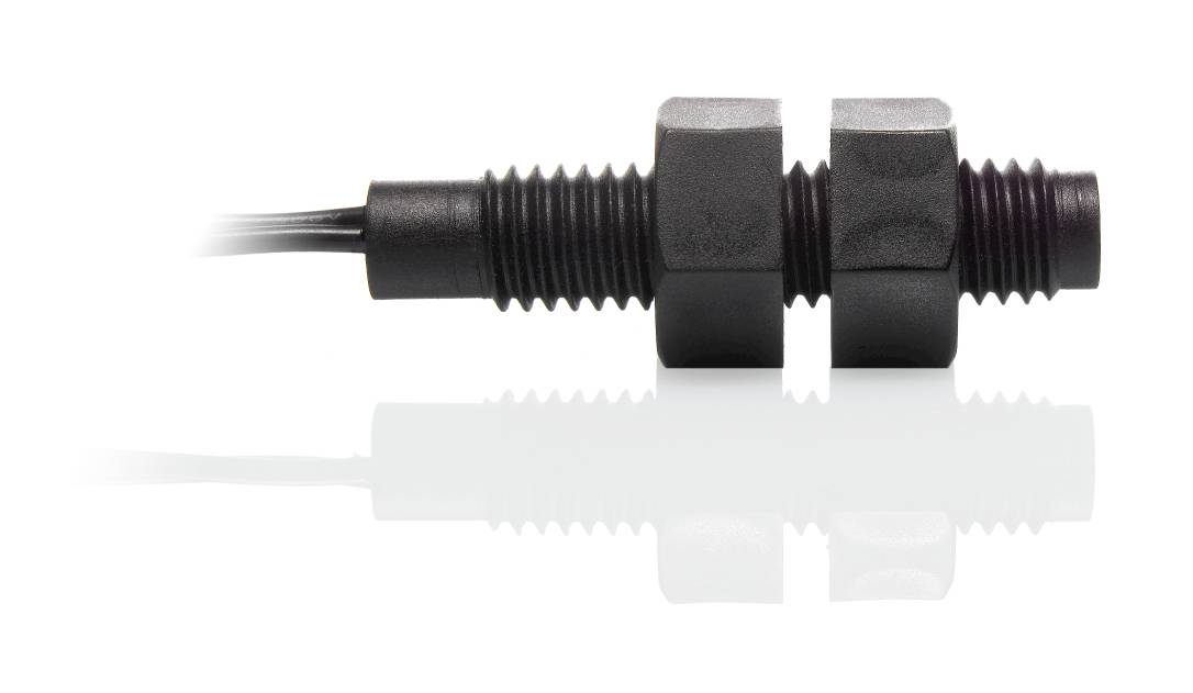 A black, cylindrical sensor plug with cable, positioned sideways, on a white background.