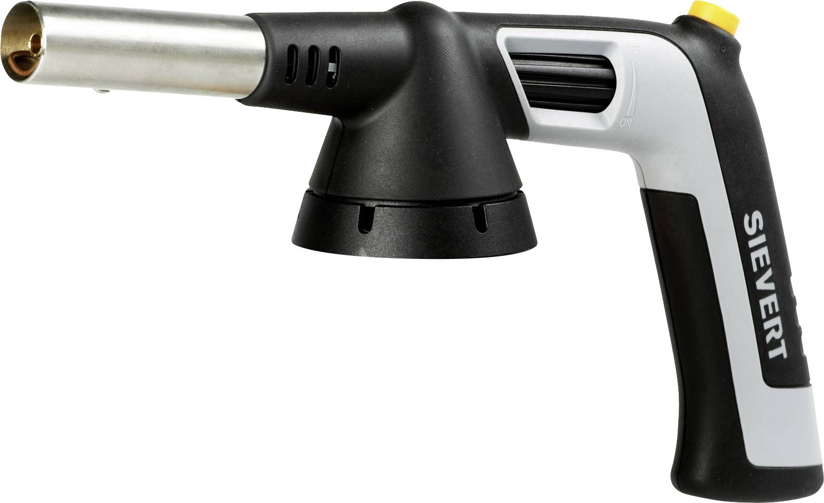 Blow torch with ergonomic handle in black and silver, with yellow ignition button and 'Sievert' brand printed on the handle.