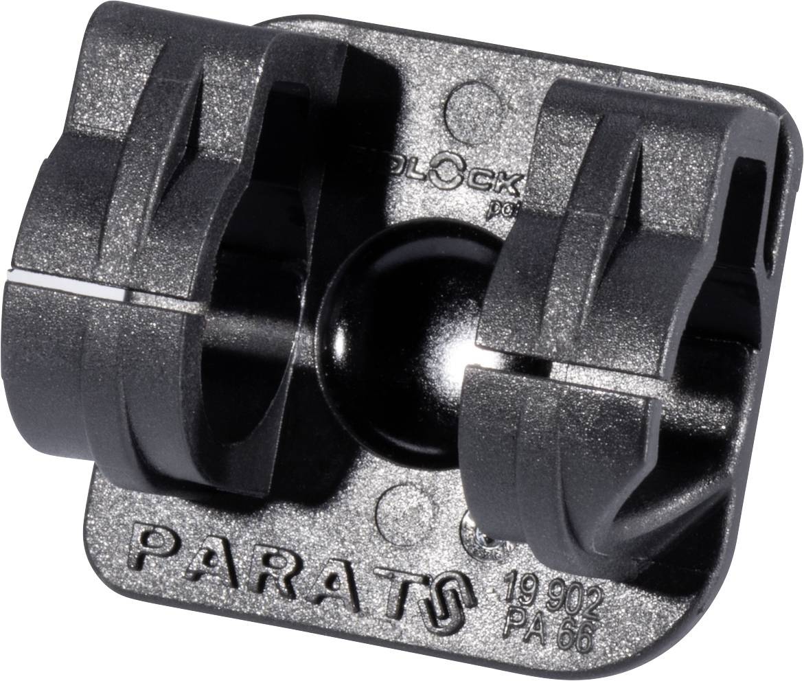 Black plastic holder with two circular openings, suitable for mounting rods or pipes, with 'PARAT' printed on the underside.