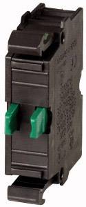 A black electric power switch with two green levers positioned in the centre.