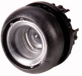 A round, black LED module with a clear lens, suitable for lighting solutions, close-up view.