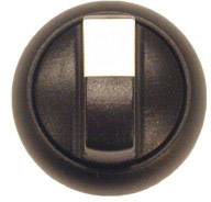 A round, black rotary knob with a protruding white stripe in the middle, likely used for adjusting or controlling a device.