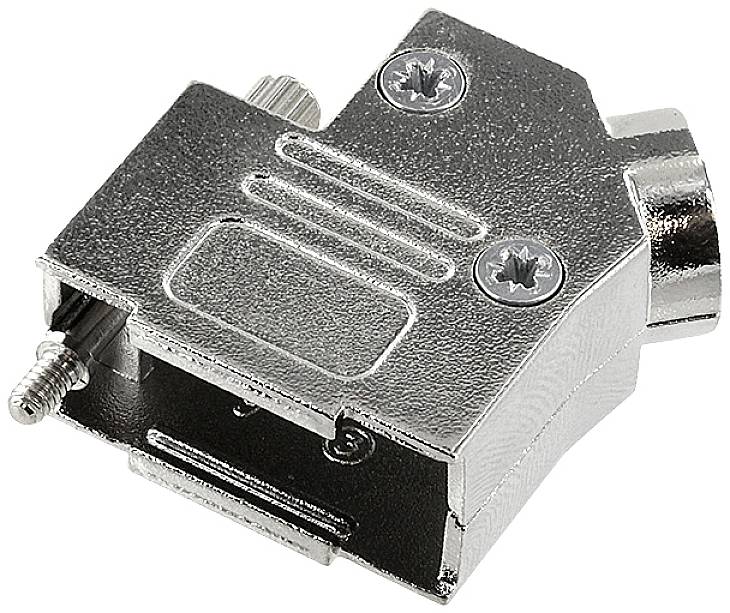 Metal housing for D-sub plugs, angled, with mounting screws, serves as a protective cover for electrical connections.