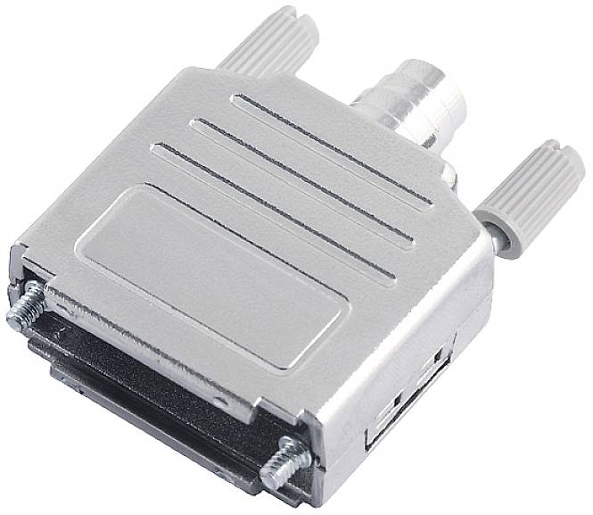 A silver, rectangular, angled D-sub connector housing with two side screws for attachment to a cable.