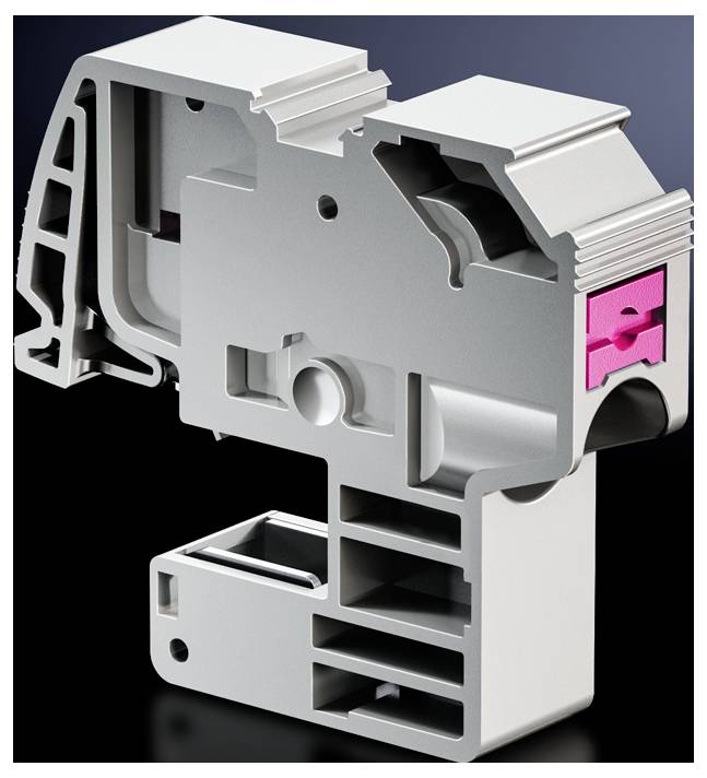 A silver-grey mechanical component with multiple cavities and a pink accent in the upper right area.