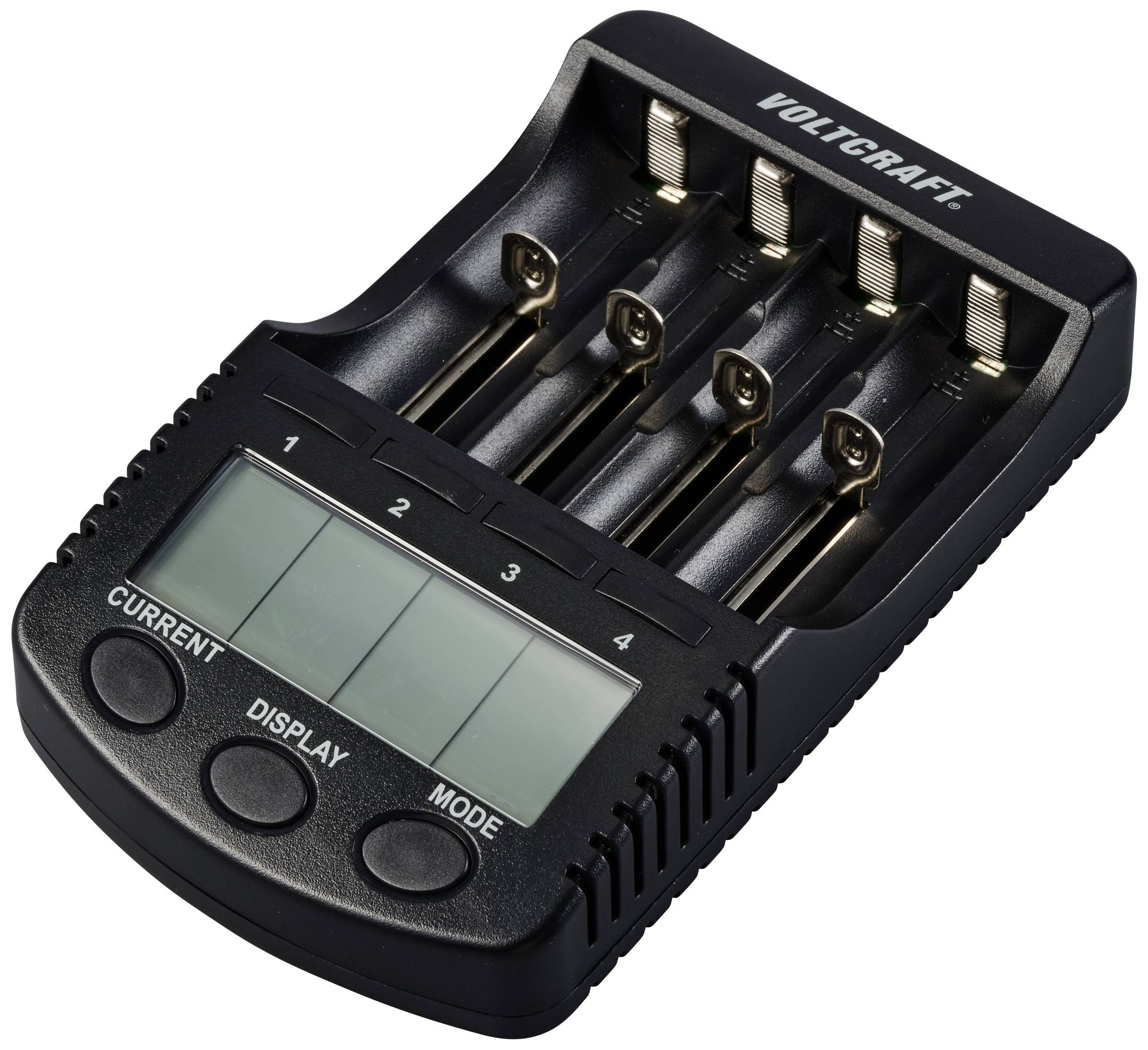 Ein schwarzes Batterieladegerät mit vier Ladeschächten und einem Display. Aufschrift 'VOLCRAFT' oben.