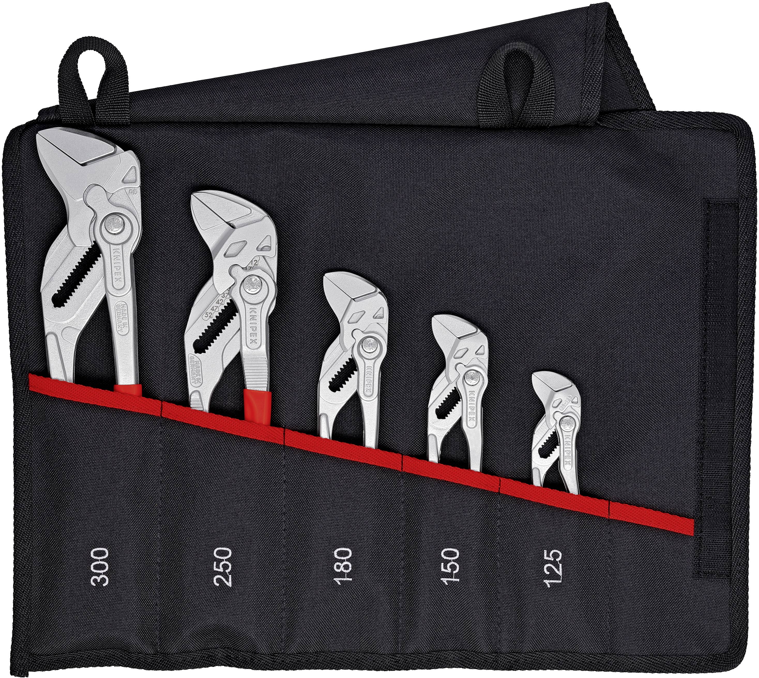 Five pliers in ascending size, neatly arranged in a black tool bag, marked with measurements ranging from 125 to 300.