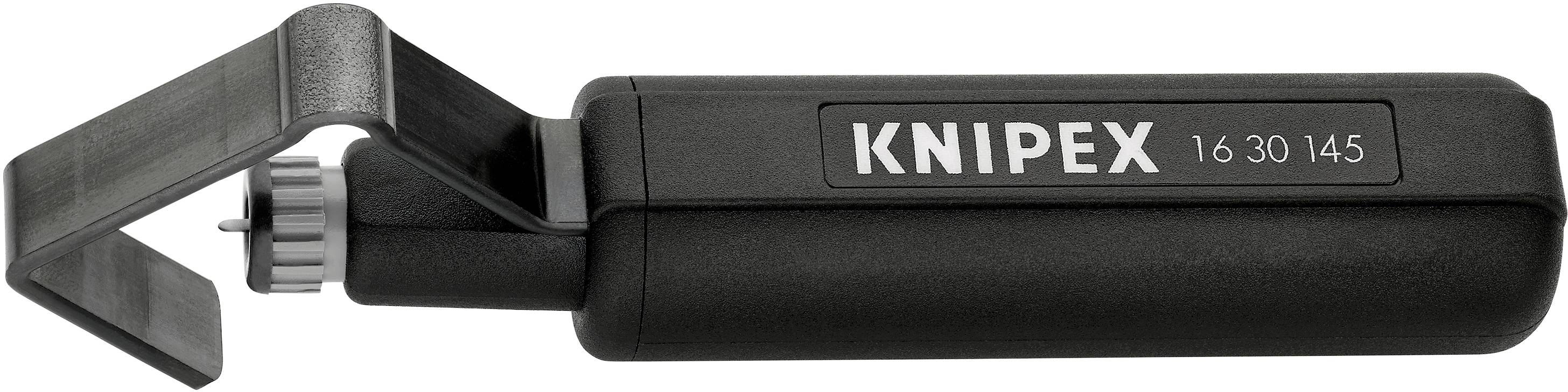 Knipex cable knife with black handle, side view, showing the brand and model number '16 30 145' on the handle.