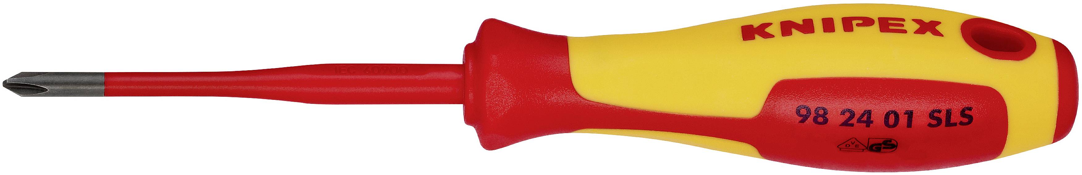 A yellow and red screwdriver with 'KNIPEX' lettering and the number '98 24 01 SLS' on the handle.