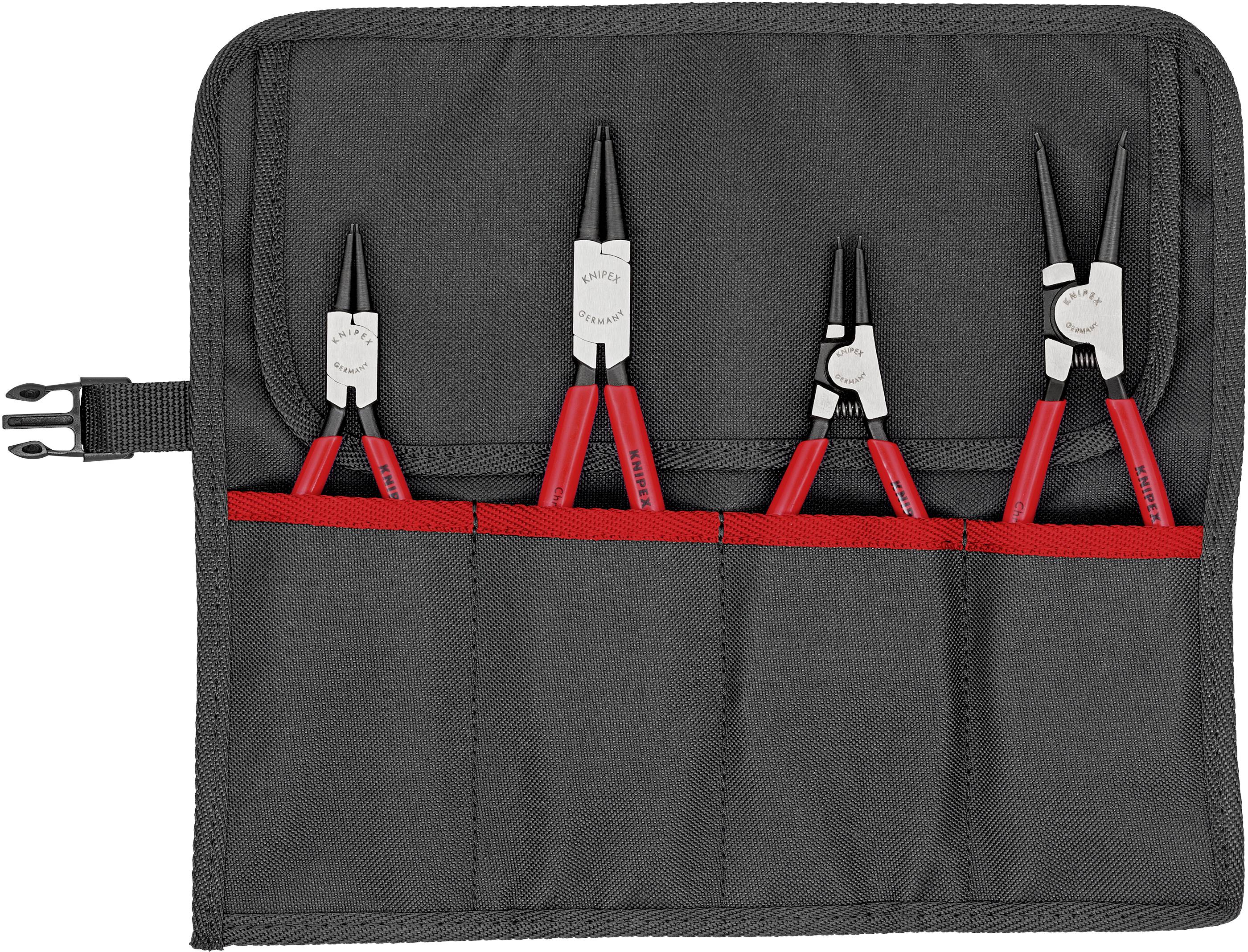A black case with four red pliers in individual compartments. The pliers are evenly arranged and have black handles.