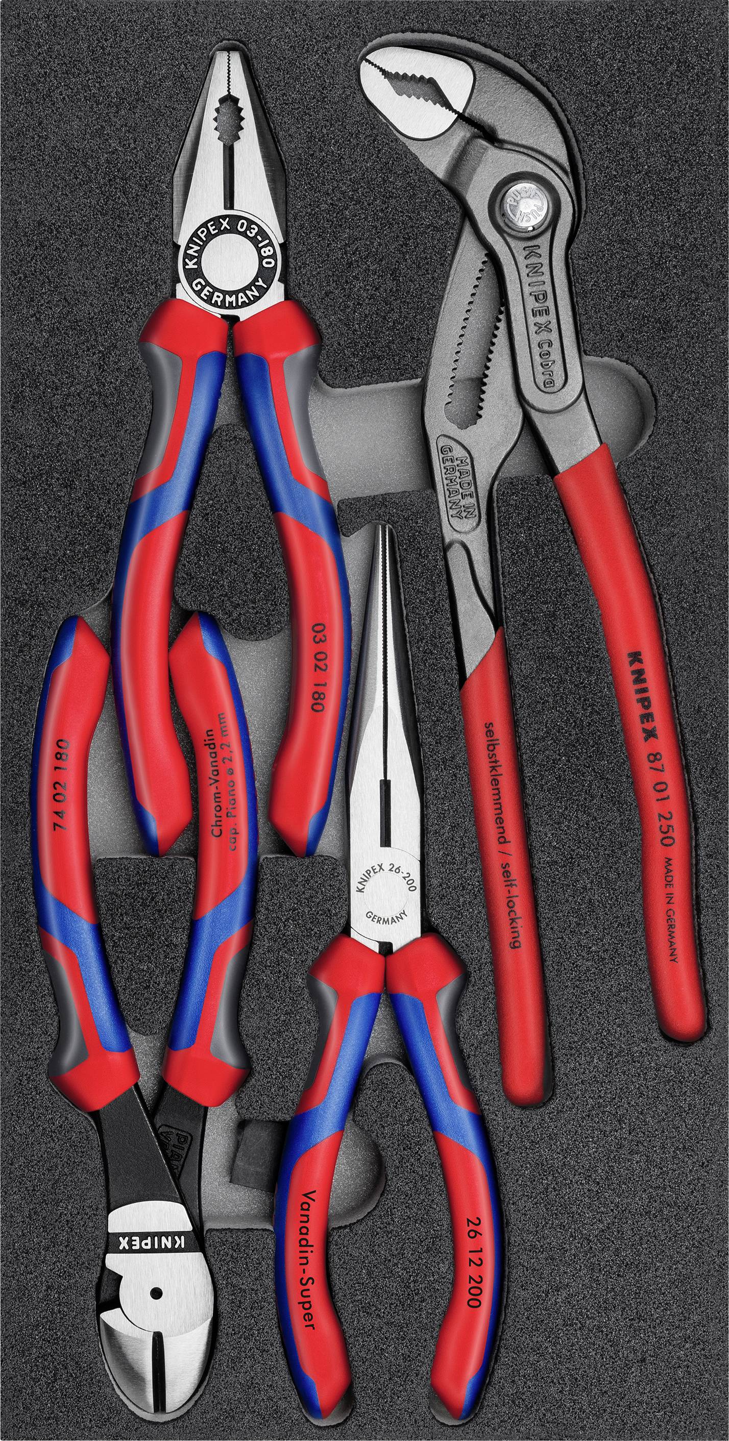 Four different pliers in a black foam insert. Each plier has red and blue handles and serves specific functions.