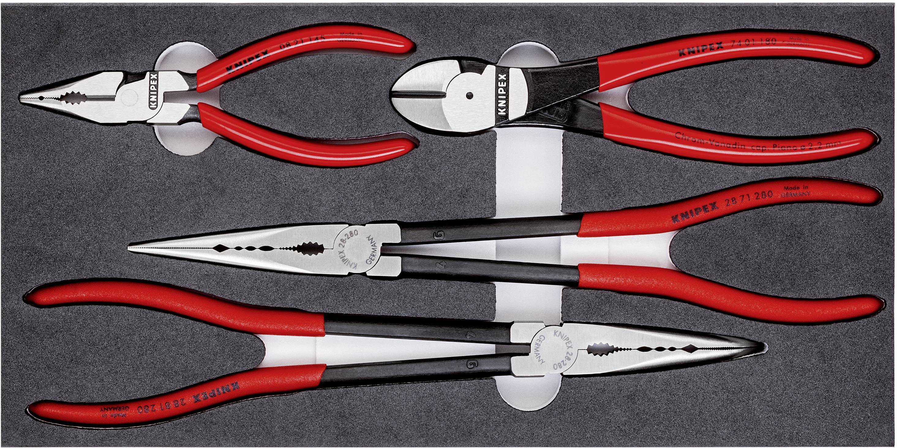 Four red and silver hand tools, including combination pliers and wire cutters, arranged on a grey background.