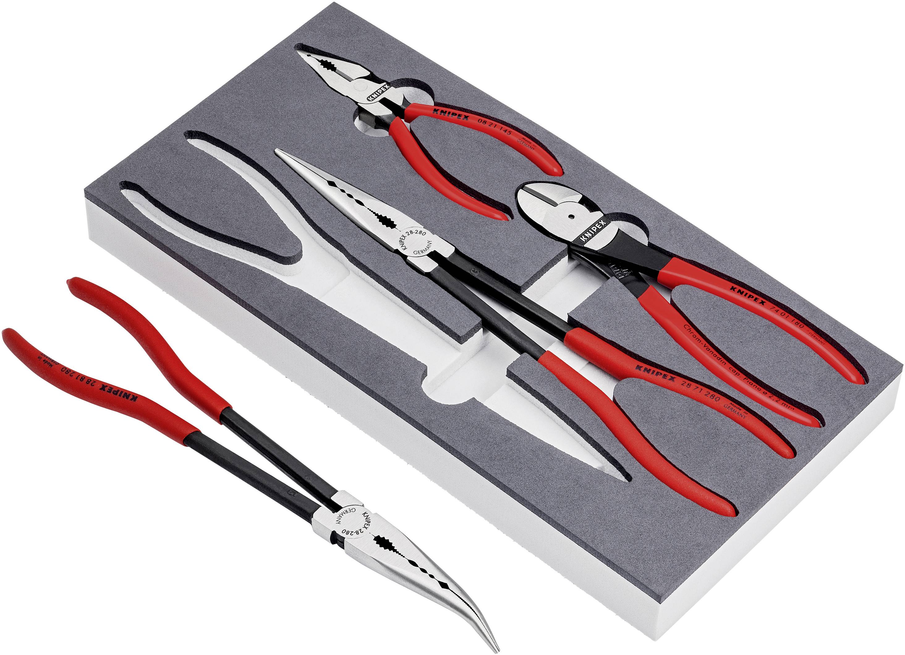 A set of four red pliers with various shapes and attachments in a padded holder.