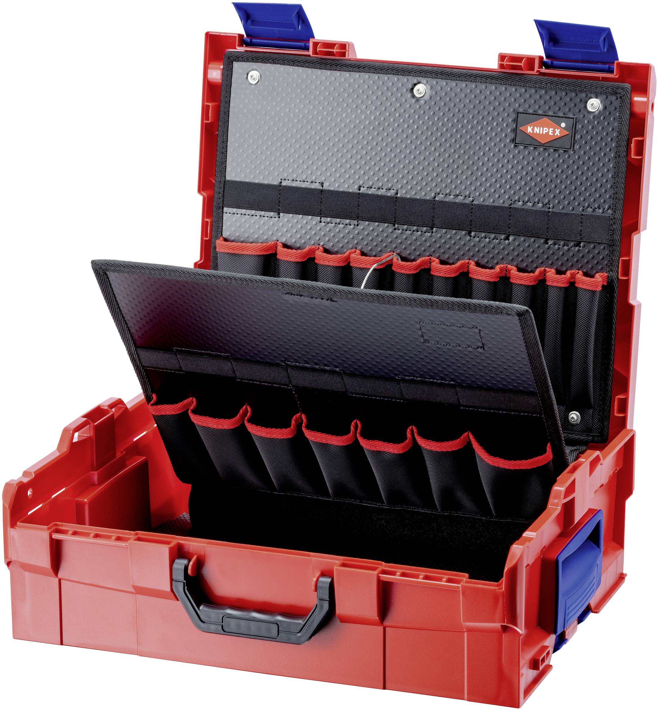 Red toolcase with a black insert showing multiple pockets for tool storage. Carrying handle and side latches present.